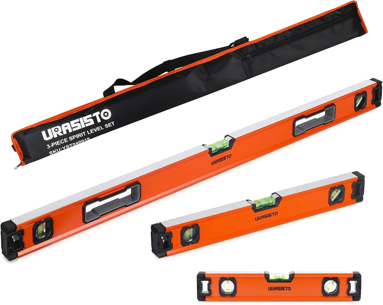 URASISTO 3-Piece Spirit Level Set, 12″, 20″, 40″ Level Set with Magnetic Torpedo Level, 45°/90°/180°Bubbles Measuring, Aluminium Alloy Levels with Carrying Bag