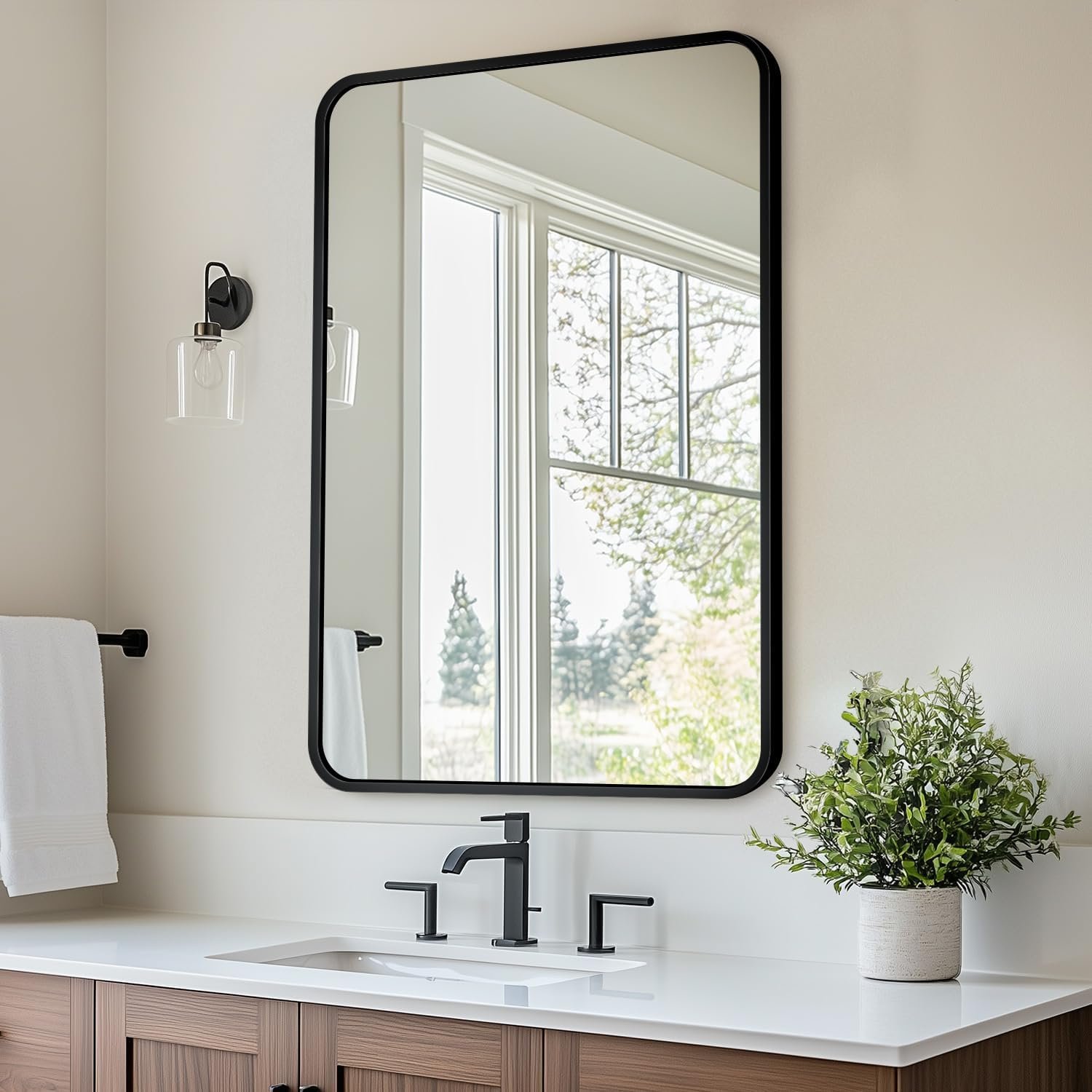 Antok 22×30 Black Metal Framed Bathroom Mirror, Wall Mirror with Round Corners, Vanity Mirror for Over Sink, Anti-Rust Tempered Glass, Horizontal/Vertical Hanging for Bathroom, Living Room, Entryway