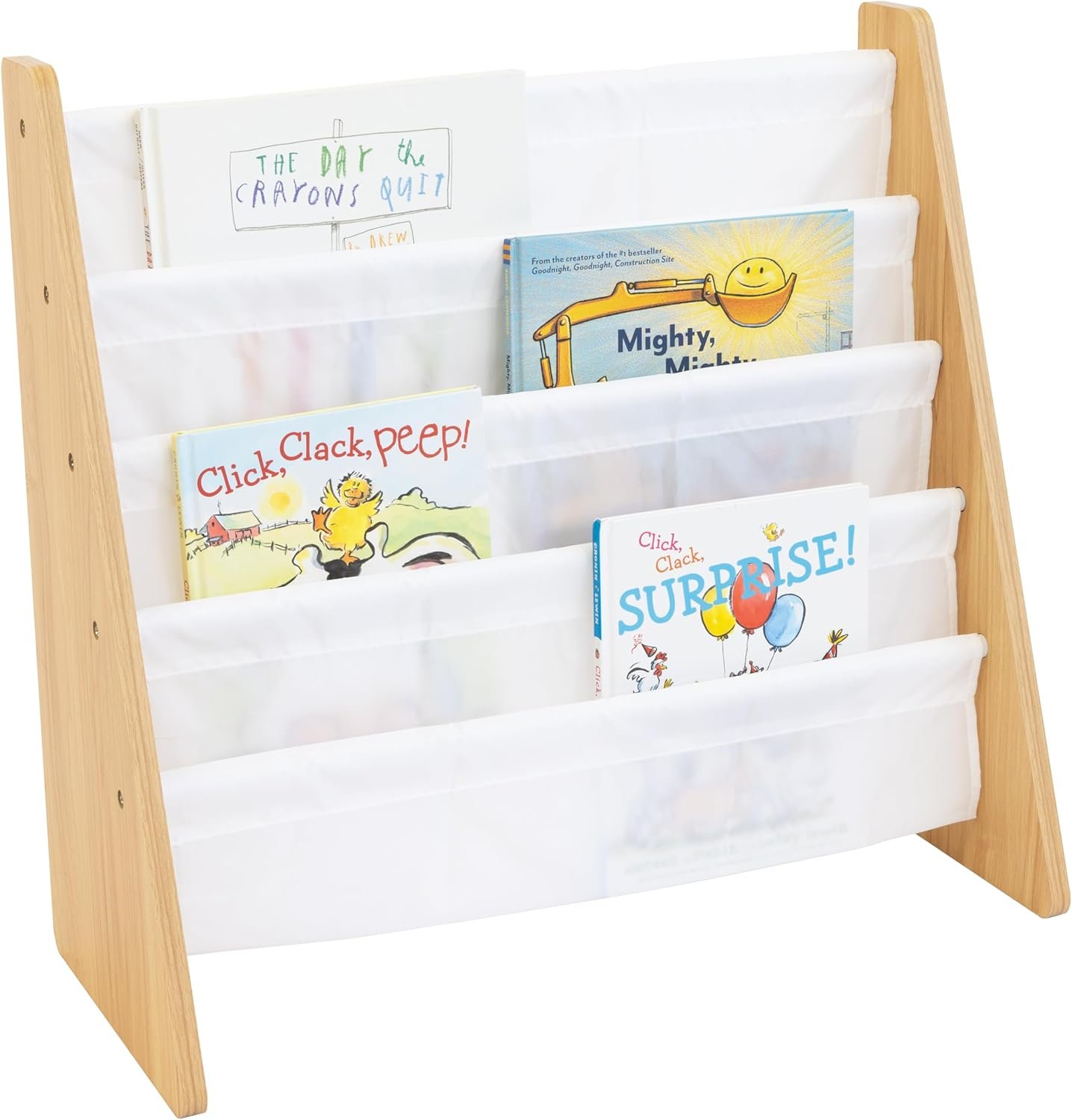 Humble Crew Kids Bookshelf, Montessori Front Facing Toddler Bookcase 4 Tier | Book display rack and reading nook organizer, nylon pockets show covers face out, compact for any playroom or bedroom space
