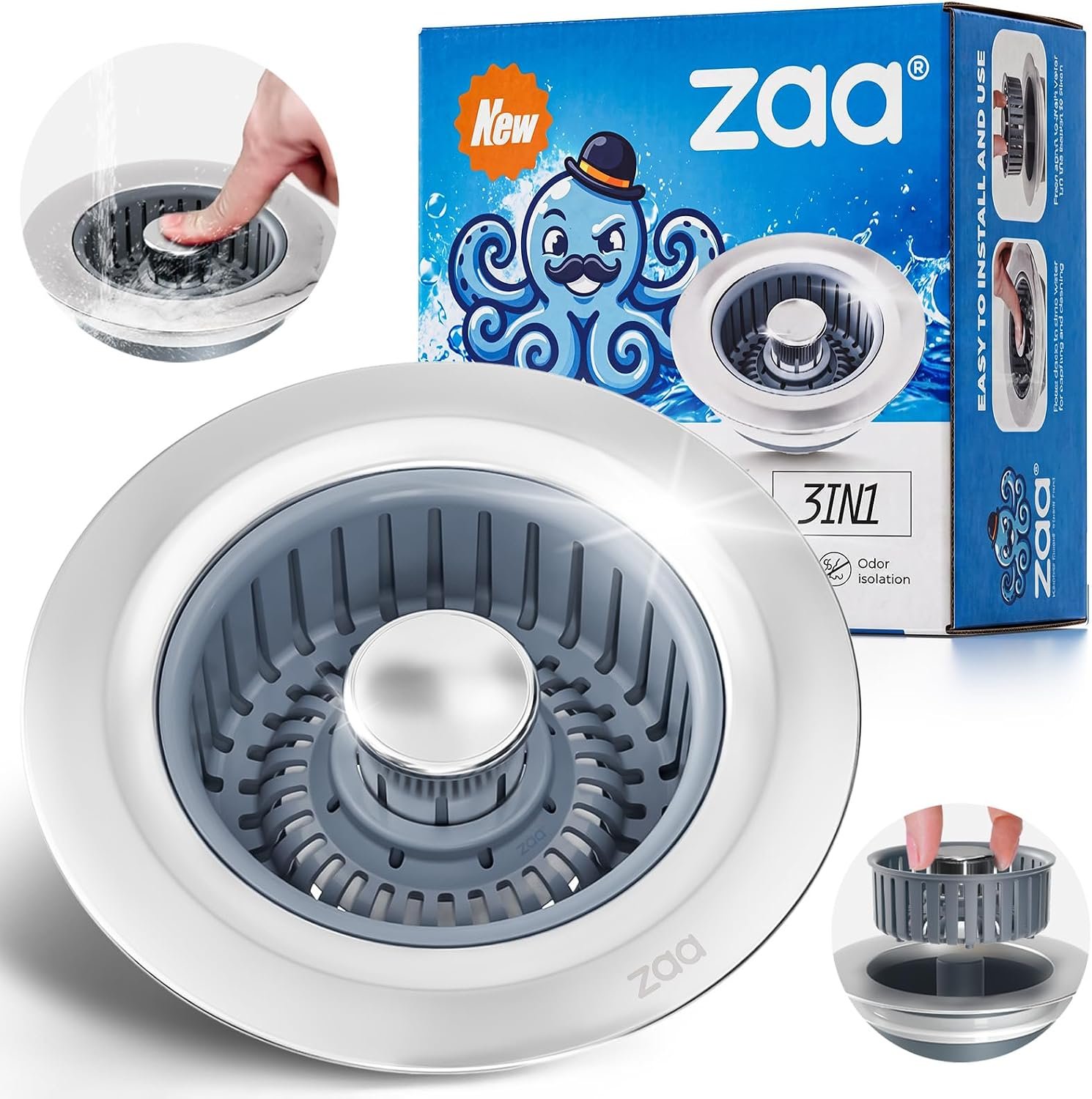 3 in 1 Kitchen Sink Drain Strainer Stopper Removable Basket Pop-Up | Kitchen Sink Accessories 1 Pack Silver Stainless – Food Catcher, Odor-Blocking Seal, Fits 3.5″ Drain, Easy Clean