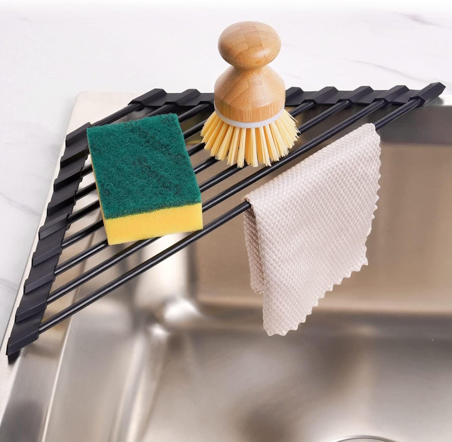 Tomorotec Triangle Roll Up Dish Drying Rack with Silicone Coating, Black | 304 Stainless Steel with BPA-Free Silicone, Triangle Design Maximizes Sink Corner Space, Fits Compact Kitchens And RVs