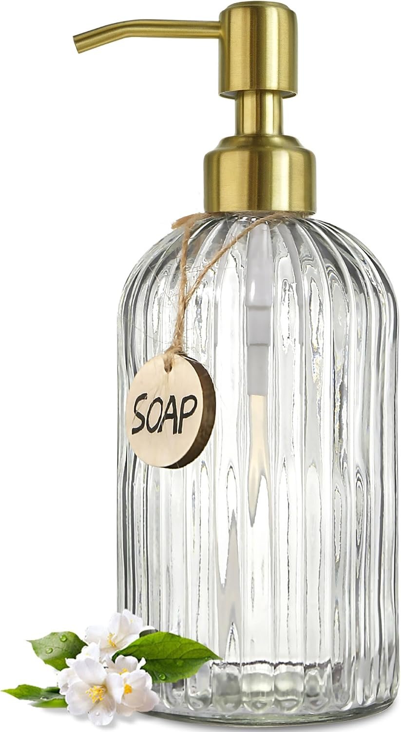 JASAI 18Oz Glass Soap Dispenser with Golden Pump for Kitchen,Refillable Liquid Hand soap Dispenser with Vertical Stripe, Clear Soap Dispenser Bathroom for Hand soap, Dish Soap, Lotion | Refillable Hand Soap Dispenser with Vertical Stripe, Gold Soap Dispenser Bathroom for Hand soap, Dish Soap, Liquid Soap.