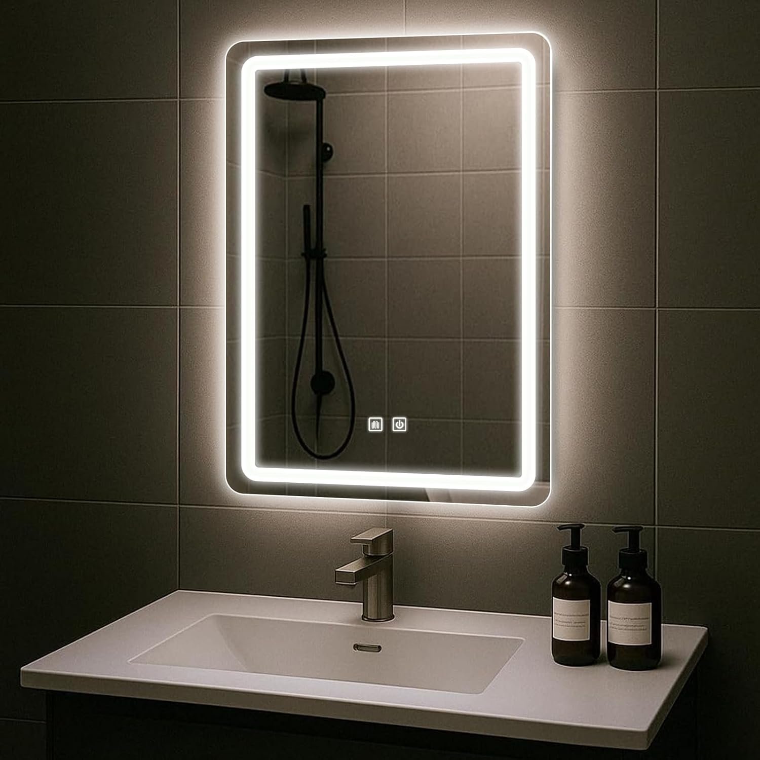 LED Bathroom Mirror, 20×28 in Vanity Mirrors with Backlit Lights for Shaving, Fogless Makeup Mirror Wall Mounted with Demister, Dimmable 3 Color Lighting, IP54, Vertically Only