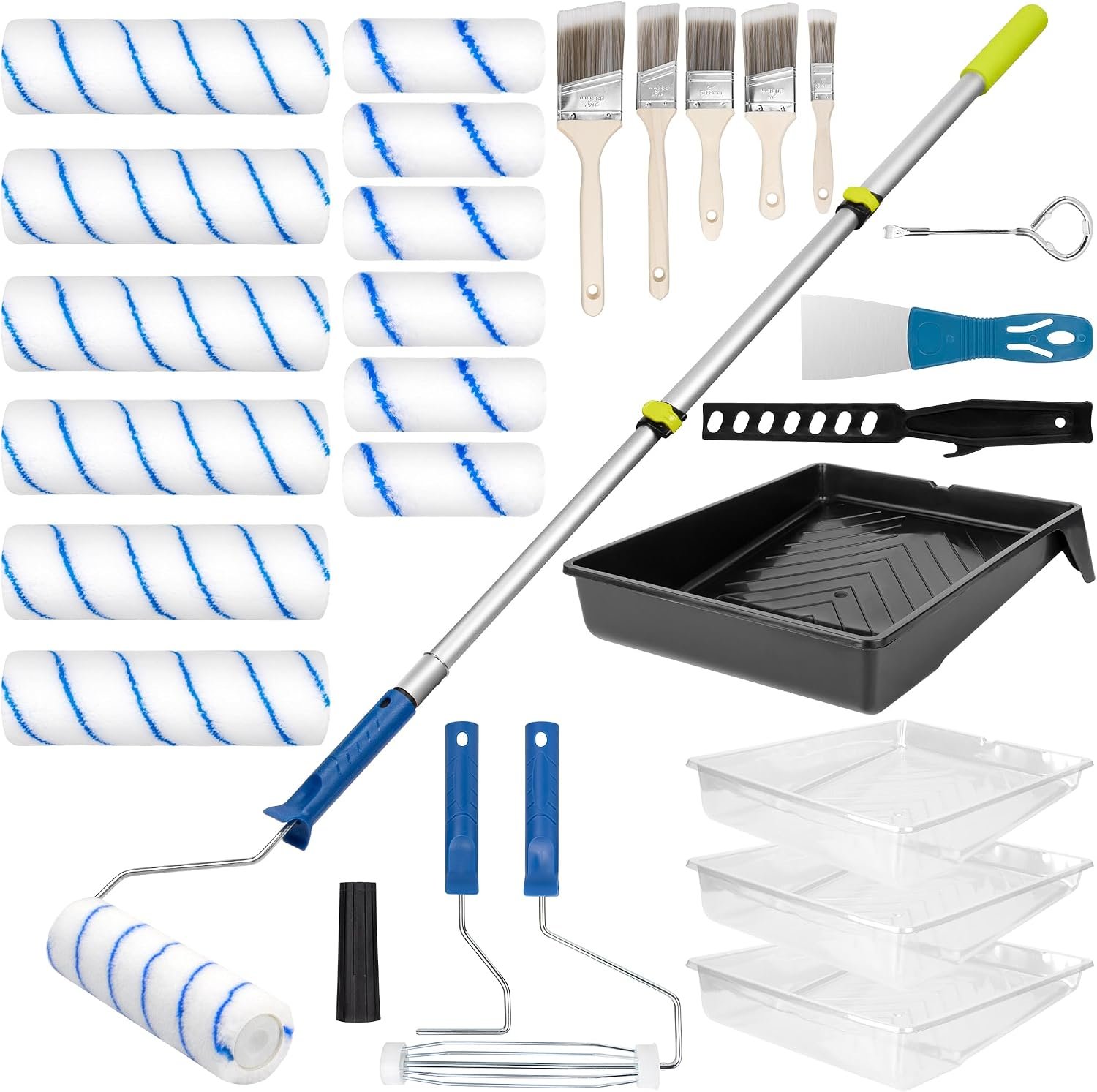 Paint Roller Kit with Extension Pole 28 Piece Set, 4″ 9″ Paint Roller with Tray, Paint Brushes Set for Professional Painting, House Wall Ceiling Painting Supplies for All Latex and Oil Paints Stains