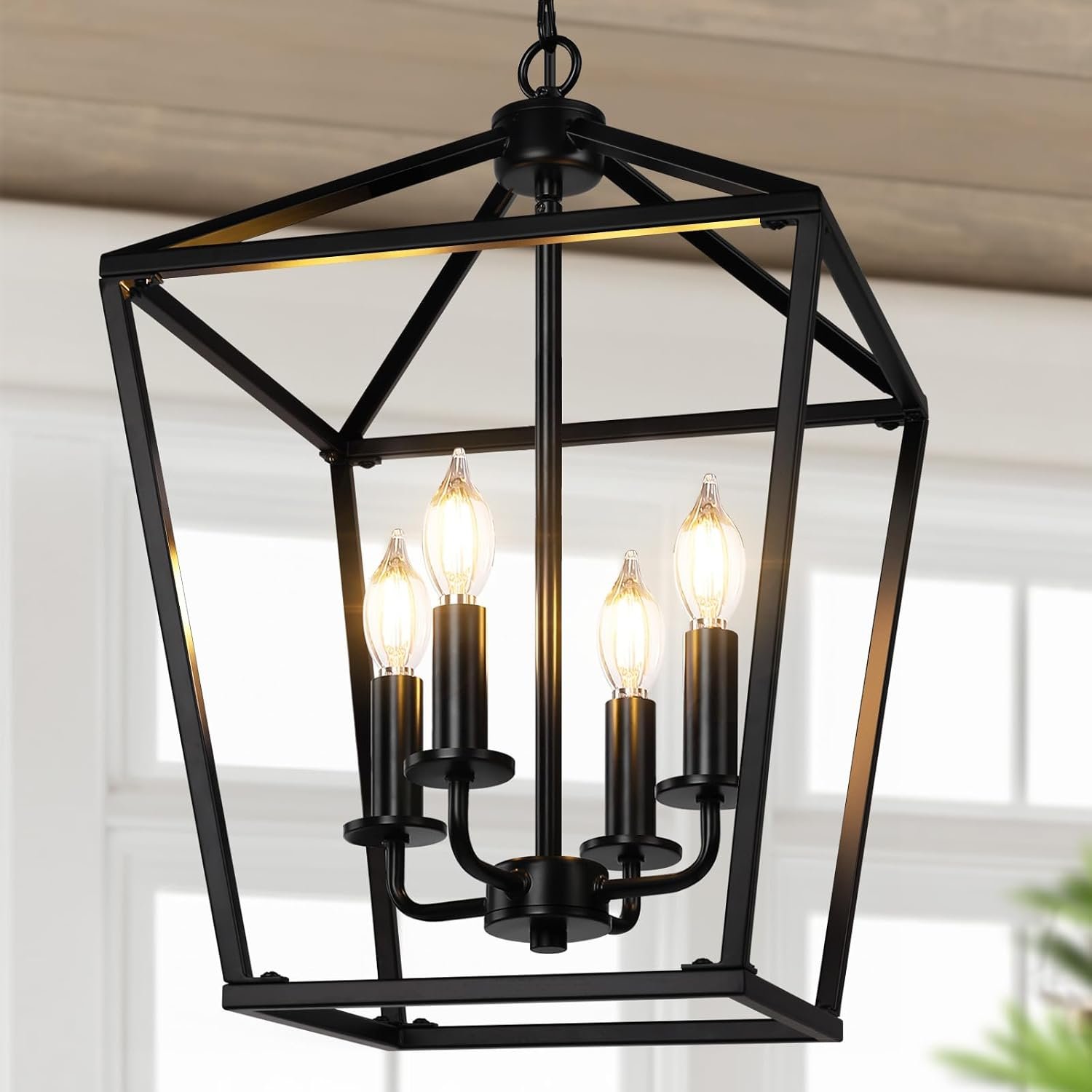 Black Farmhouse Chandelier, 4-Light Foyer Lighting Fixtures for Dining Room | Industrial Kitchen Lantern chandelier Over Table, Pendant Island Ceiling Light for Entryway, Metal Cage Adjustable Height