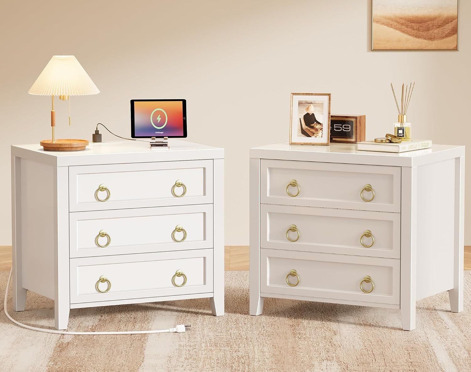 Huuger Paint Night Stand with Charger Station, 3 Drawer Nightstand Set of 2 | Larger Wider Bedside Table with USB-C Port, Modern End Table, for Bedroom, Living Room, White Nightstand
