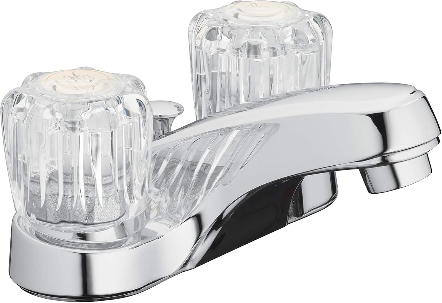 Two-Handle Bathroom Sink Faucet, Chrome, Acrylic Handles | 1.2 GPM Flow, 3-Hole, Low-Arc Spout, Washerless Cartridge, Brass Shanks, Pop-Up Drain Included, Double Handle Faucet