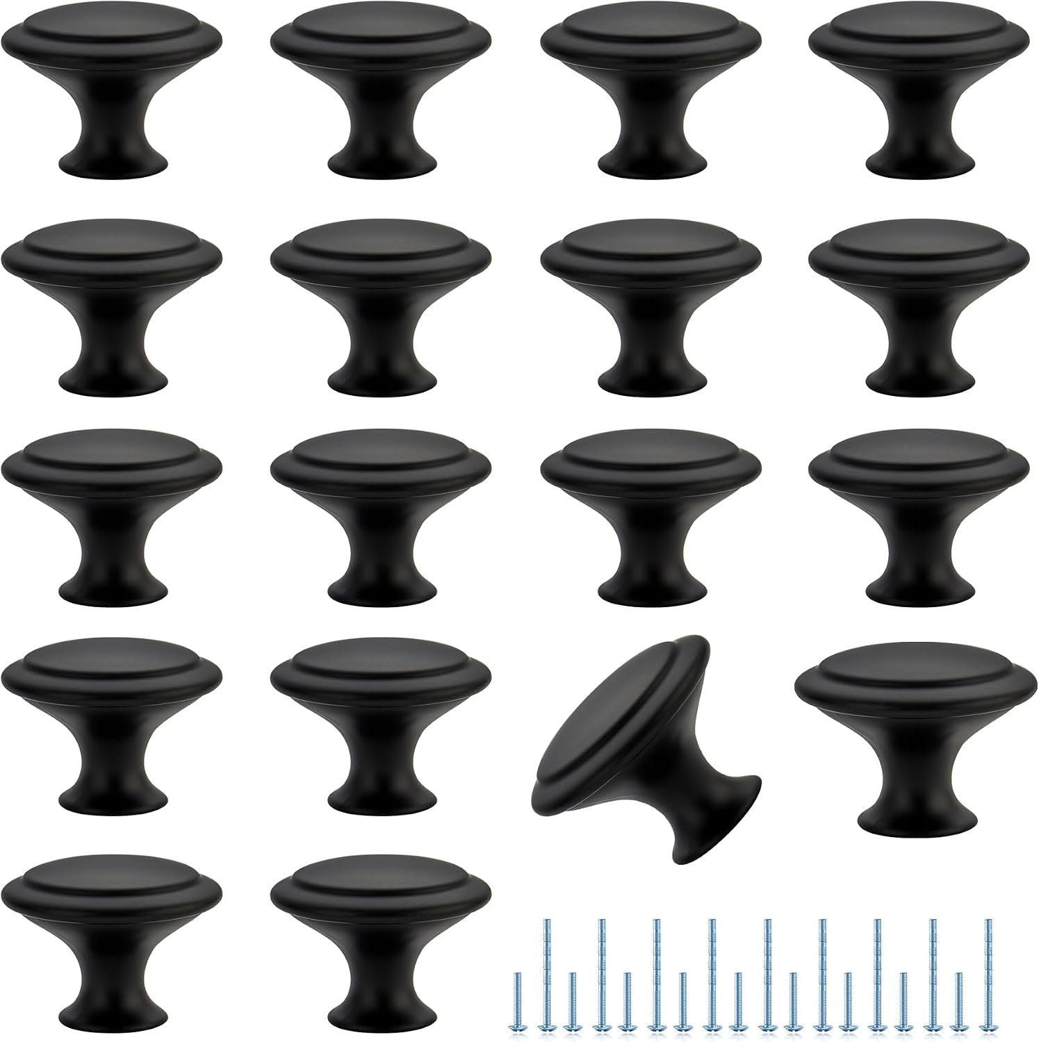 Matte Black Cabinet Drawer Hardware,30mm Kitchen Cabinet Knobs,18 Pack | Drawer Pulls, Stainless Steel, Round Shape, Smooth Touch, with Installation Screws, for Dressers Kitchens Cupboard