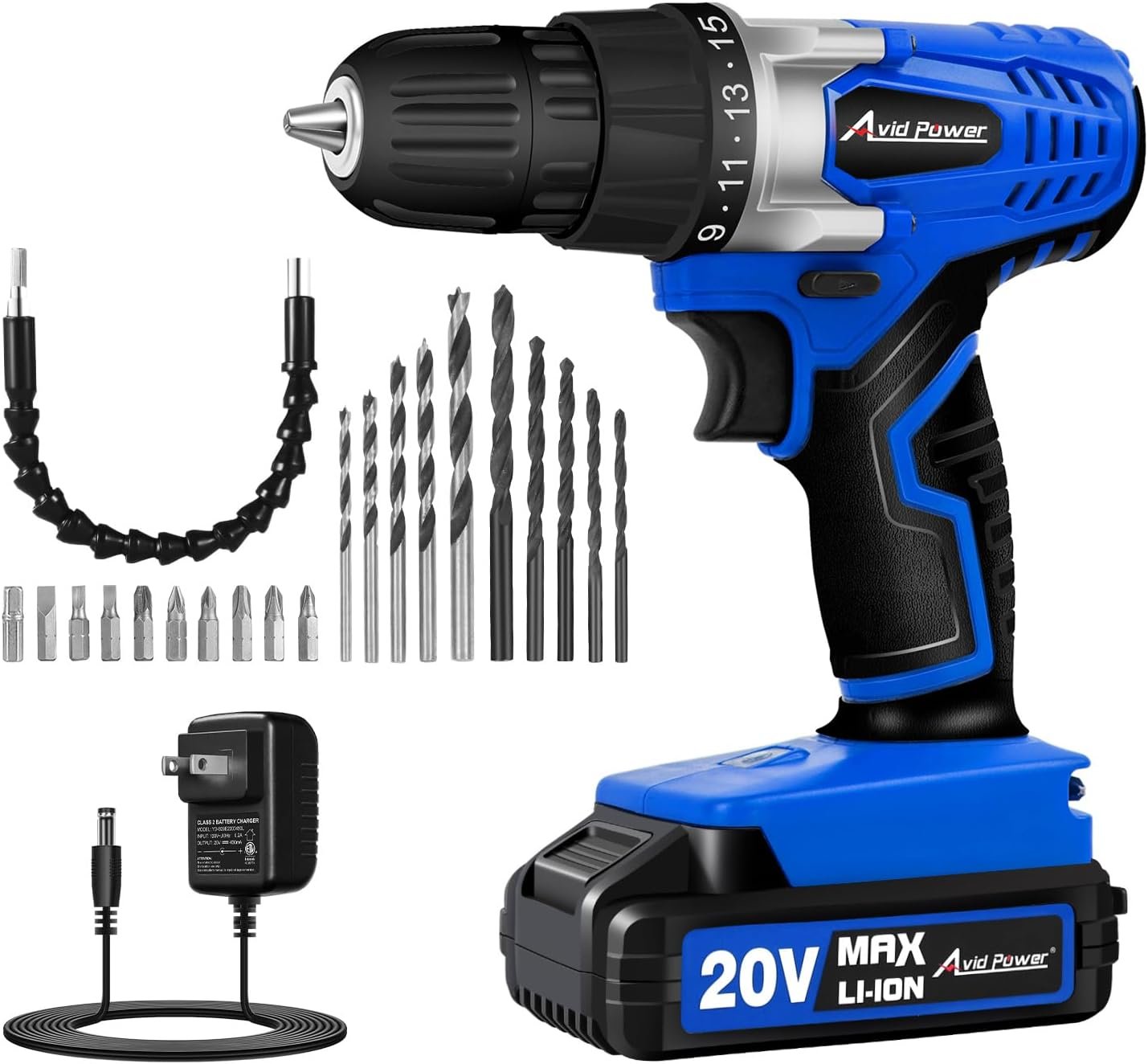 AVID POWER 20V Cordless Electric Drill Set 3/8“ Power Driver Kit for DIY | Rechargeable Battery, Charger, 22 Accessories, Variable Speed, Drill Bit, Flexible Shaft, for Furniture Assembly Home Repair