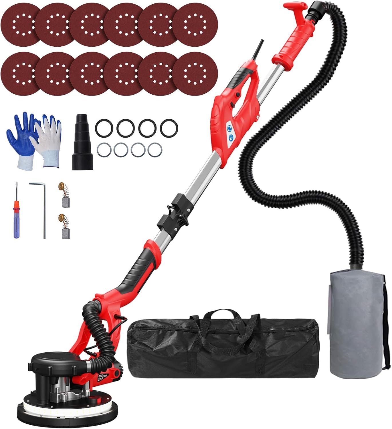 Drywall Sander, 2025 Upgraded 8-Amp Popcorn Ceiling Removal Tool, Red | Drywall Sander with Vacuum Dust Collector, 7 Variable Speed 800-1800RPM, Extendable Handle, LED Light, 12pcs Sanding Discs
