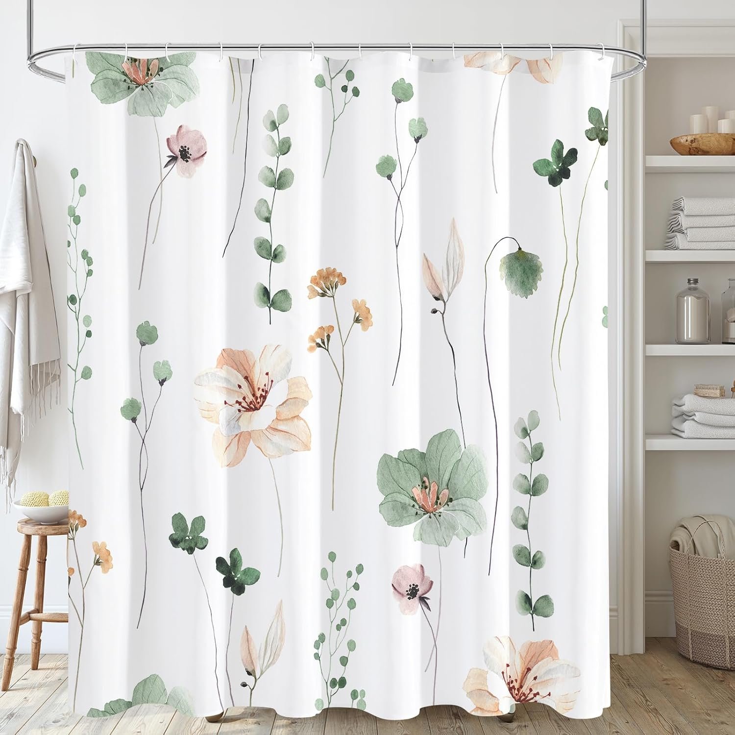 Sage Green Beige Watercolor Floral Fabric Shower Curtain 72×72 | Waterproof Fabric, Modern Minimalist Floral Print, Machine Washable, Rustproof Grommets, for Bathroom Home