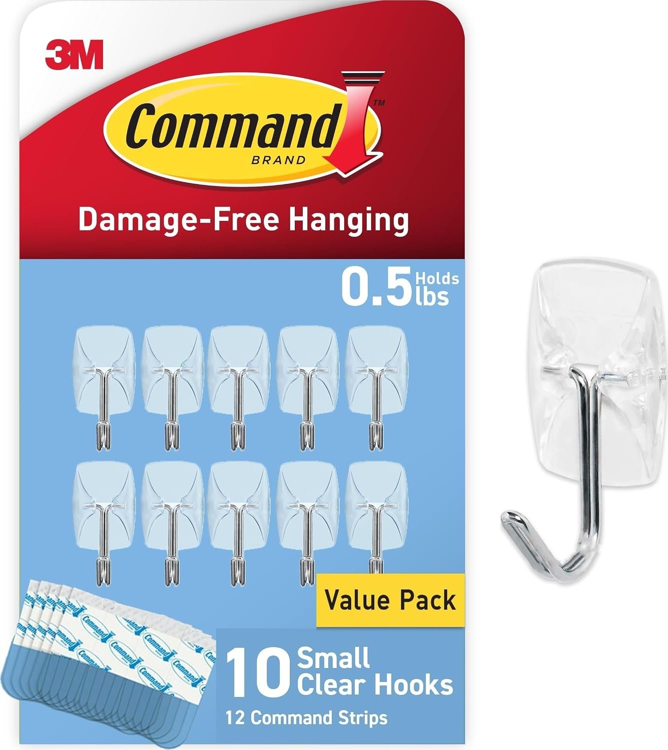 Command Small Clear Wire Hooks, 10 Hooks, 12 Strips | Damage-Free Hanging, No Tools Wall Hooks for Hanging Decorations in Living Spaces, Holds up to 0.5 lb