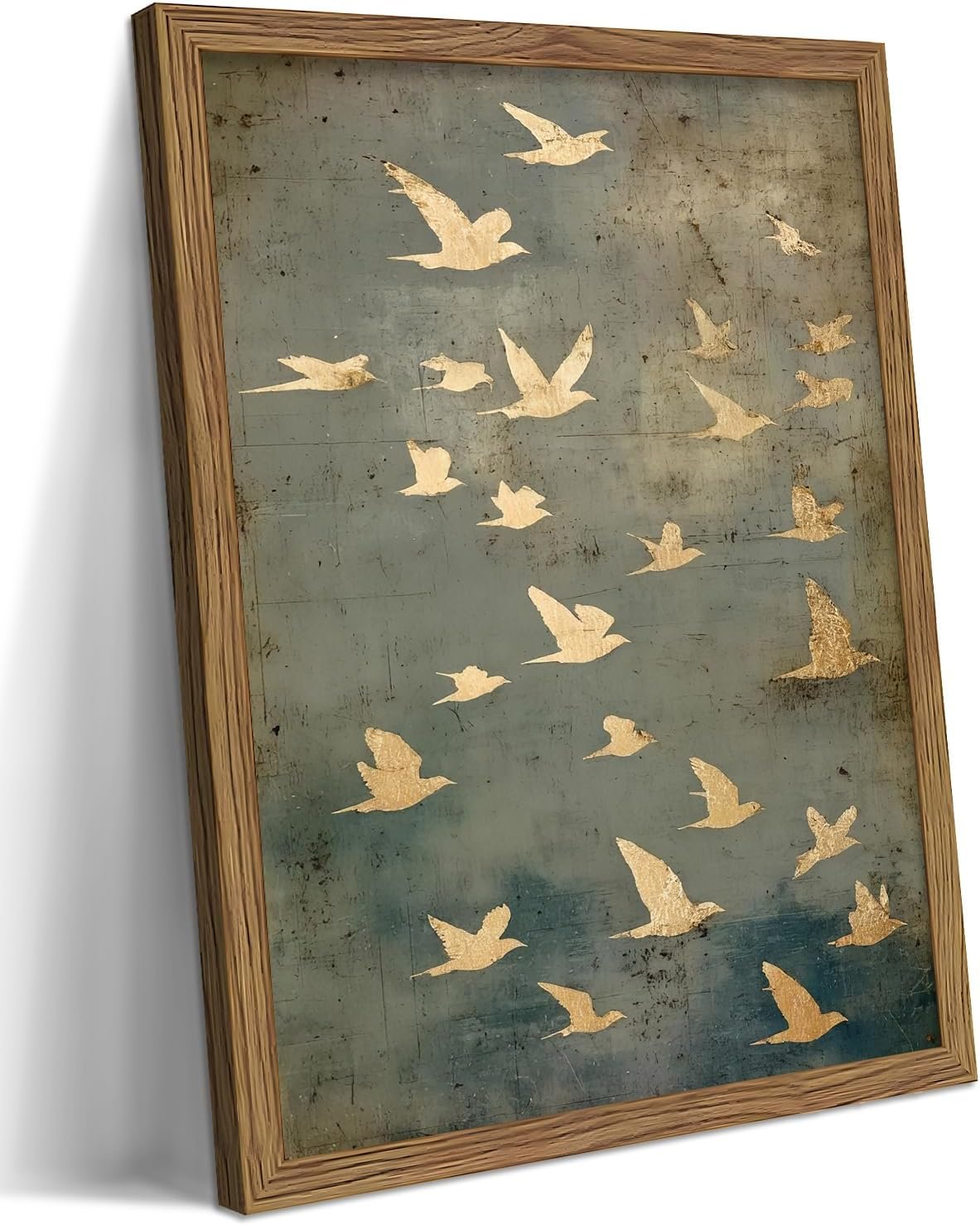 Framed Flock of Birds Canvas Wall Art, Vintage Minimalist Abstract Landscape Painting, Neutral Gold Birds Spiritual Wall Decor, Modern Aesthetic Pictures for Bedroom Living Room 8×10 inch