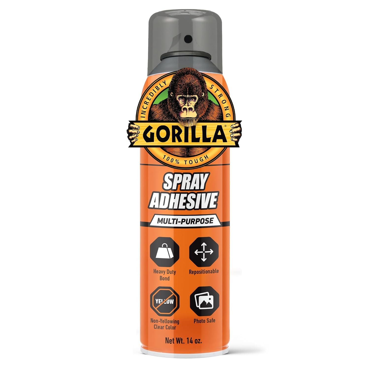 Gorilla Spray Heavy Duty Adhesive, Repositionable, Clear, 14 oz | Bonds Paper, Cardboard, Foam, and Fabric, Photo Safe, Non-Yellowing Formula, for Indoor and Outdoor Use