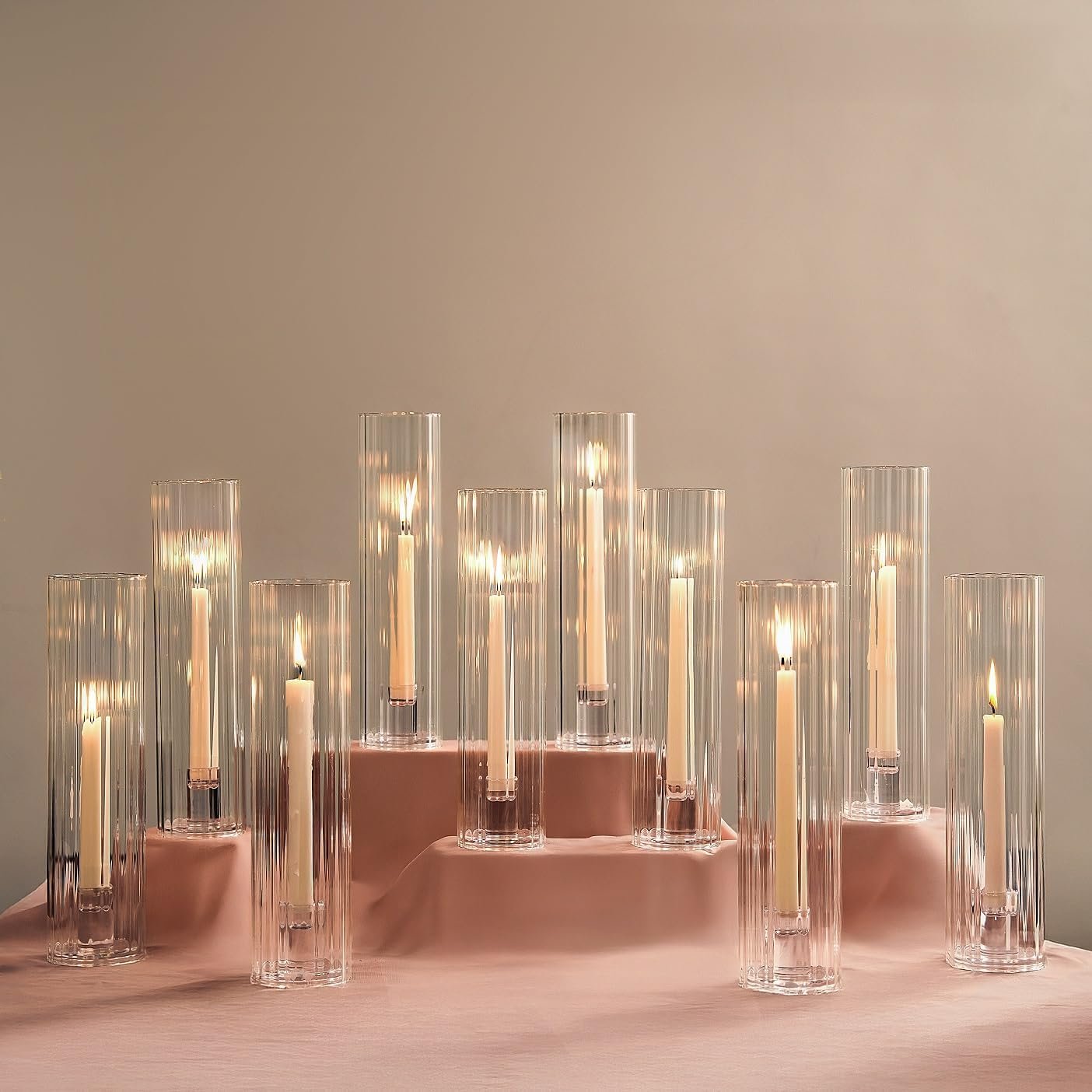 NUPTIO Hurricane Glass Candle Holders: Set of 10 Candlestick Holder 11.8″ H | Bulk Candle Stick Taper Candleholder with Ribbed Chimney Cover for Fall Thanksgiving Christmas Fireplace Outdoor Table Decor