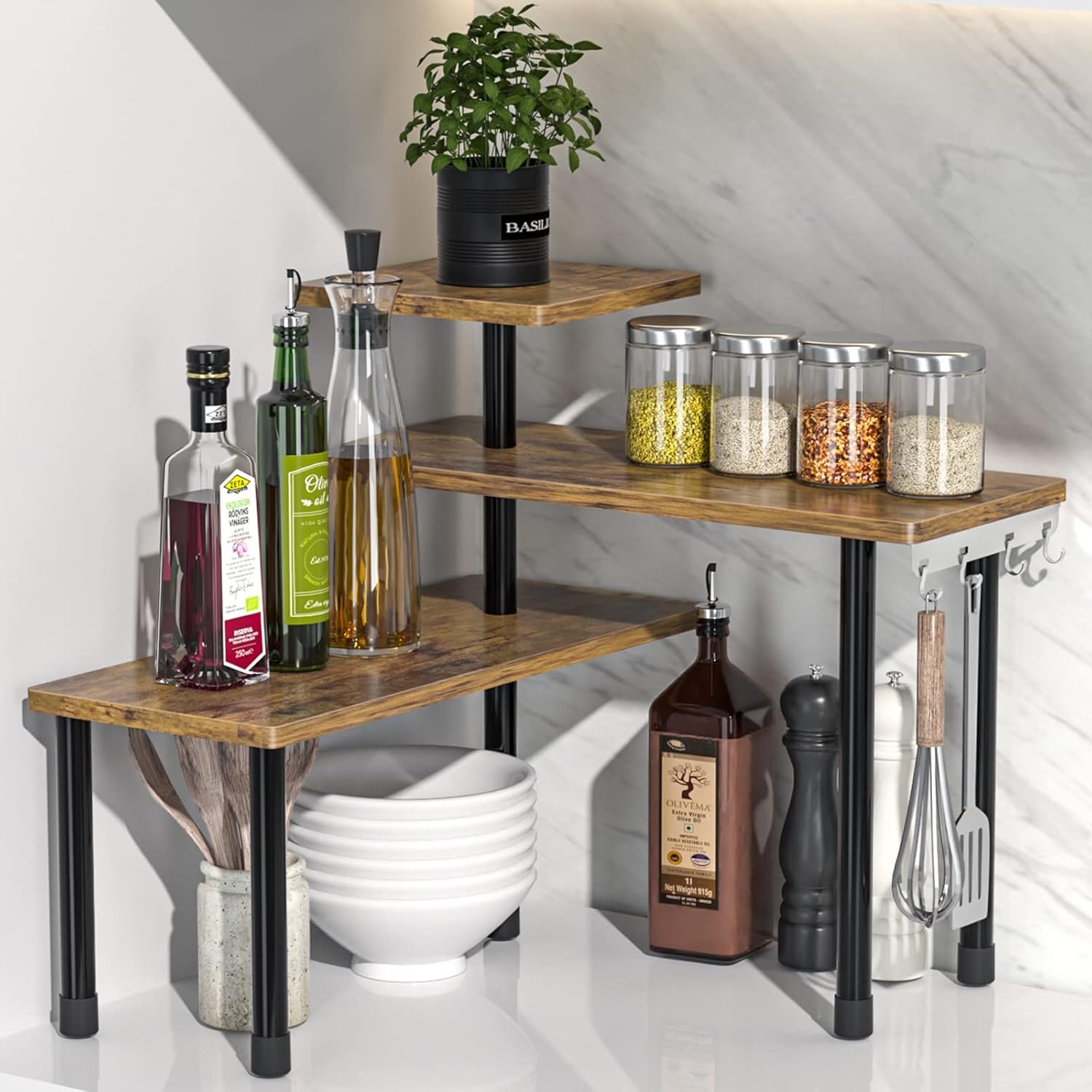 JayRex Kitchen Countertop Organizer 3-Tier Corner Shelf, Rustic Brown | Space-saving corner design organizes spices, skincare and toiletries on kitchen and bathroom counters.