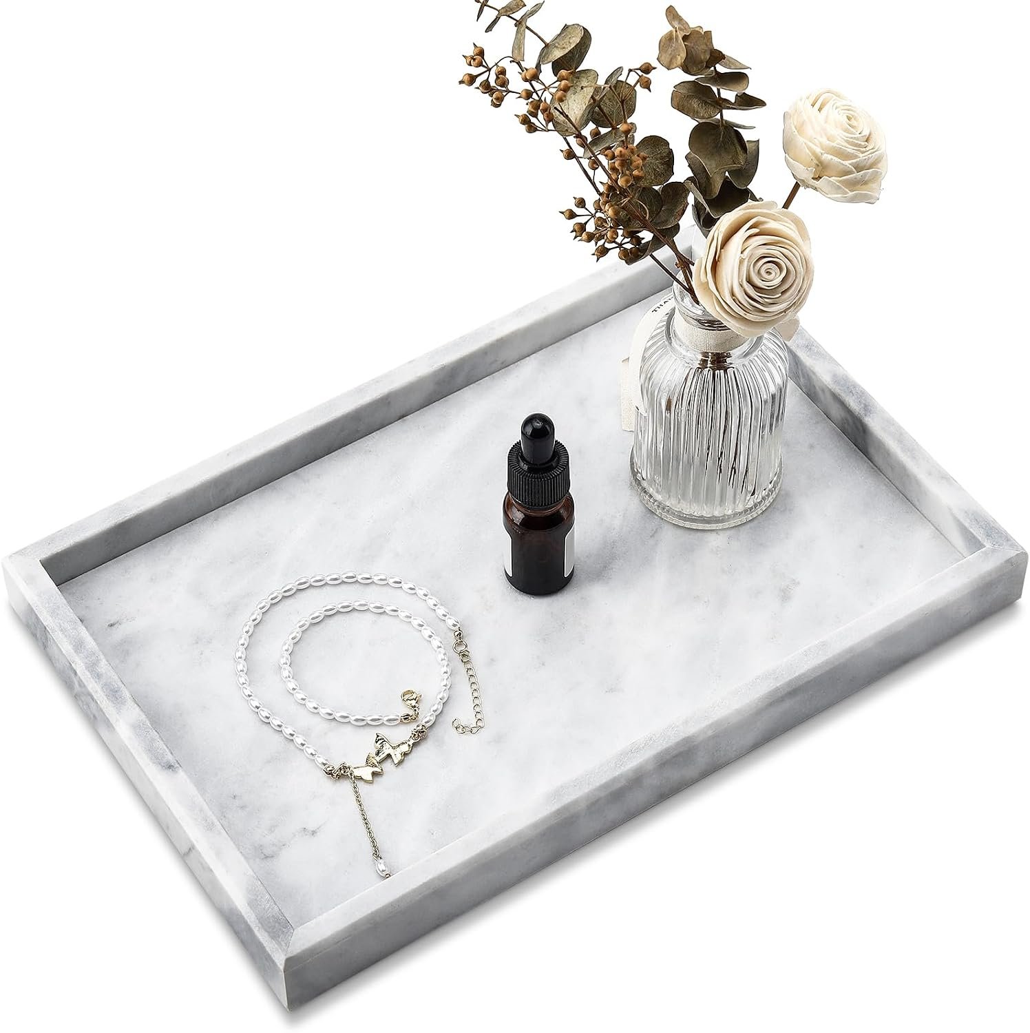 Real Natural Marble Tray for Bathroom, Vanity, Kitchen Counter & Desktop | Rectangle Genuine Stone Marble for Home Decor – Ideal for Jewelry, Cosmetics, Candles, Lotion & Perfume Display
