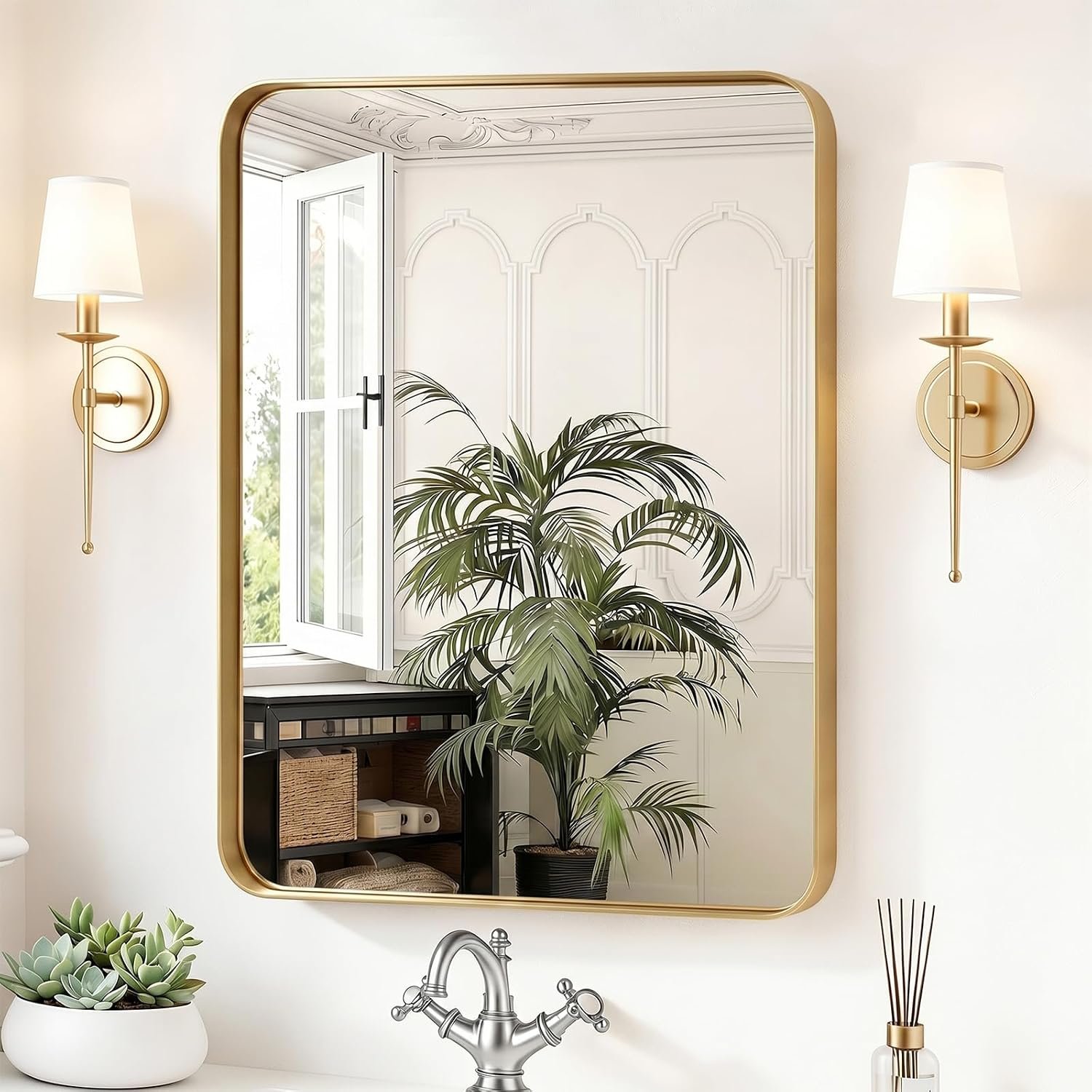 Sweetcrispy Bathroom Wall Mirror, 32×24 Inch Mirror for Over Sink, Gold | Modern Wall Mount Vanity Mirror, Rounded Rectangle with Matte Brush Metal Framed, for Home Decor, Living Room, Bedroom
