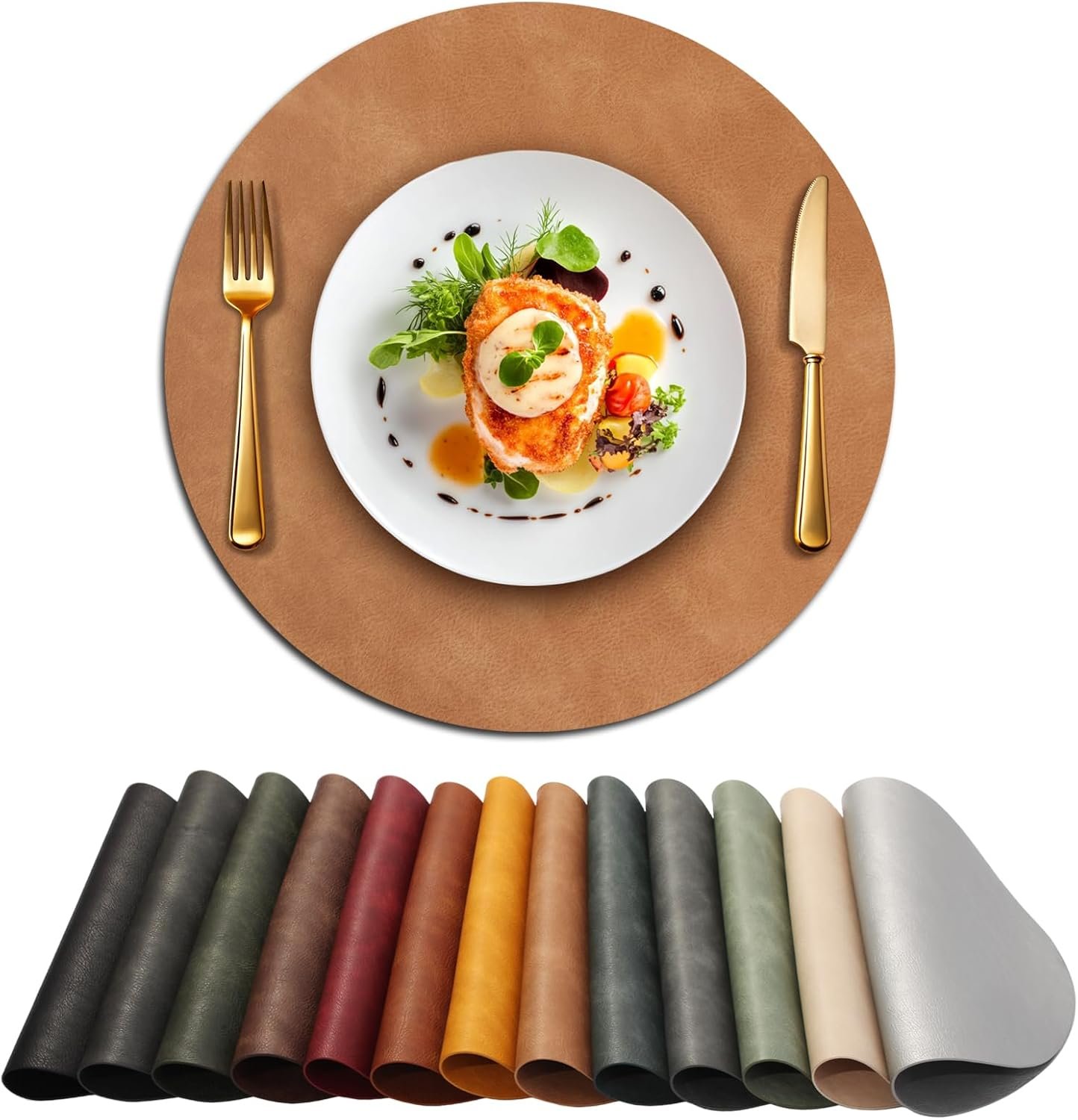 UnivoColors Placemats Round Faux Leather Placemats Set of 8-Waterproof-Wipe Clean-Heat Resistant-Anti Slip Dining Table Place Mats,Suitable for Indoor & Outdoor Use,15″.Retro Camel
