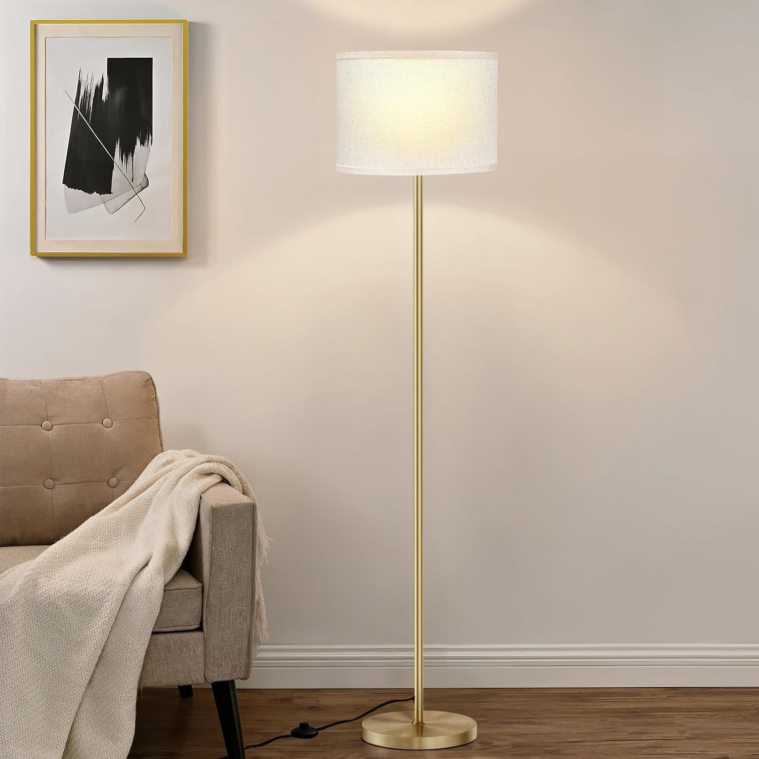 60” Modern Floor Lamp with Shade, Tall Lamps for Living Room, Bedroom, Office, Dining Room, Beige Shade with Gold Pole(Without Bulb)