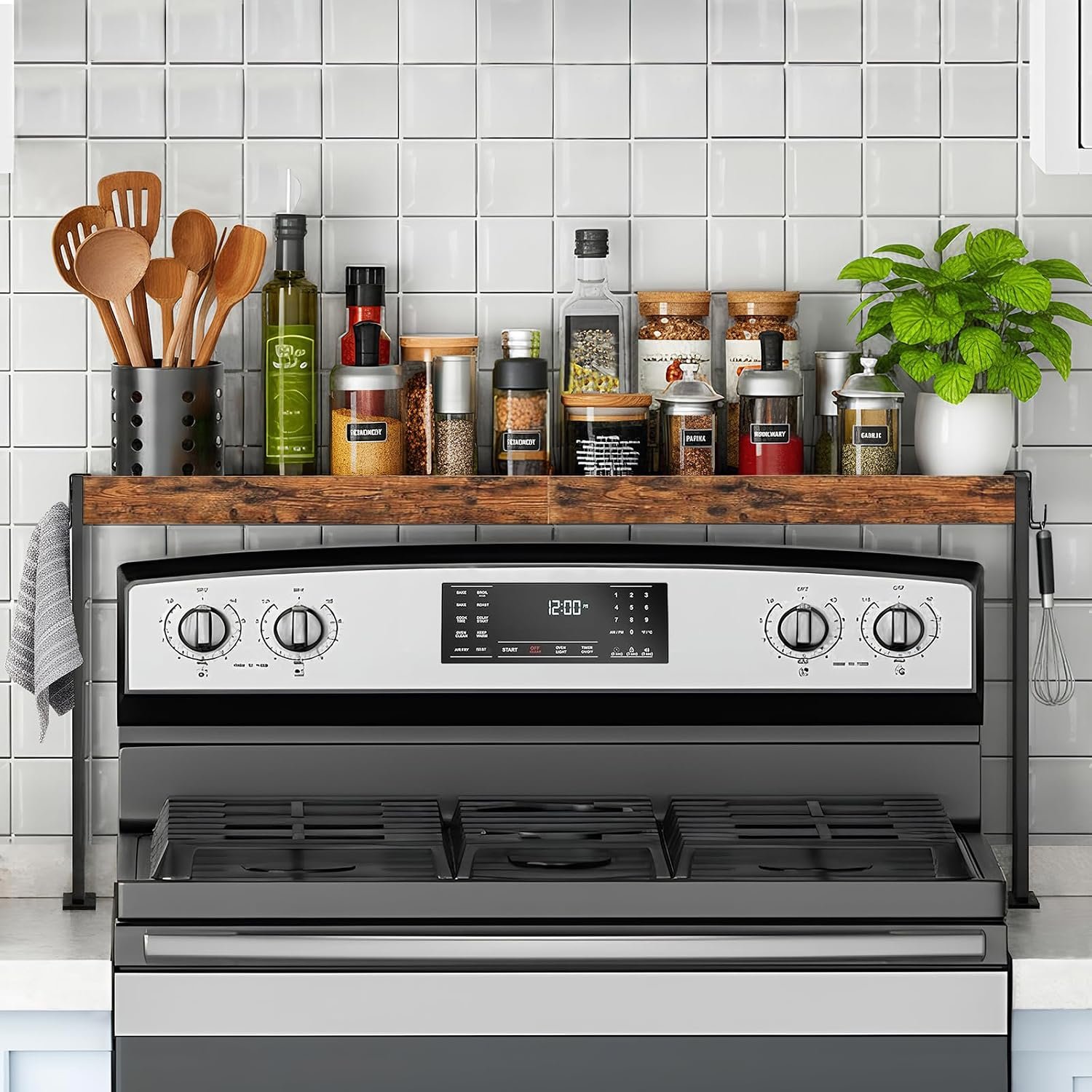 Spice Rack Shelf for 30-inch Kitchen Stove, Over the Stove Shelf with 4 Level Adjustable Height, Over Stove Spice Rack with 4 hooks, Rustic Brown + Black
