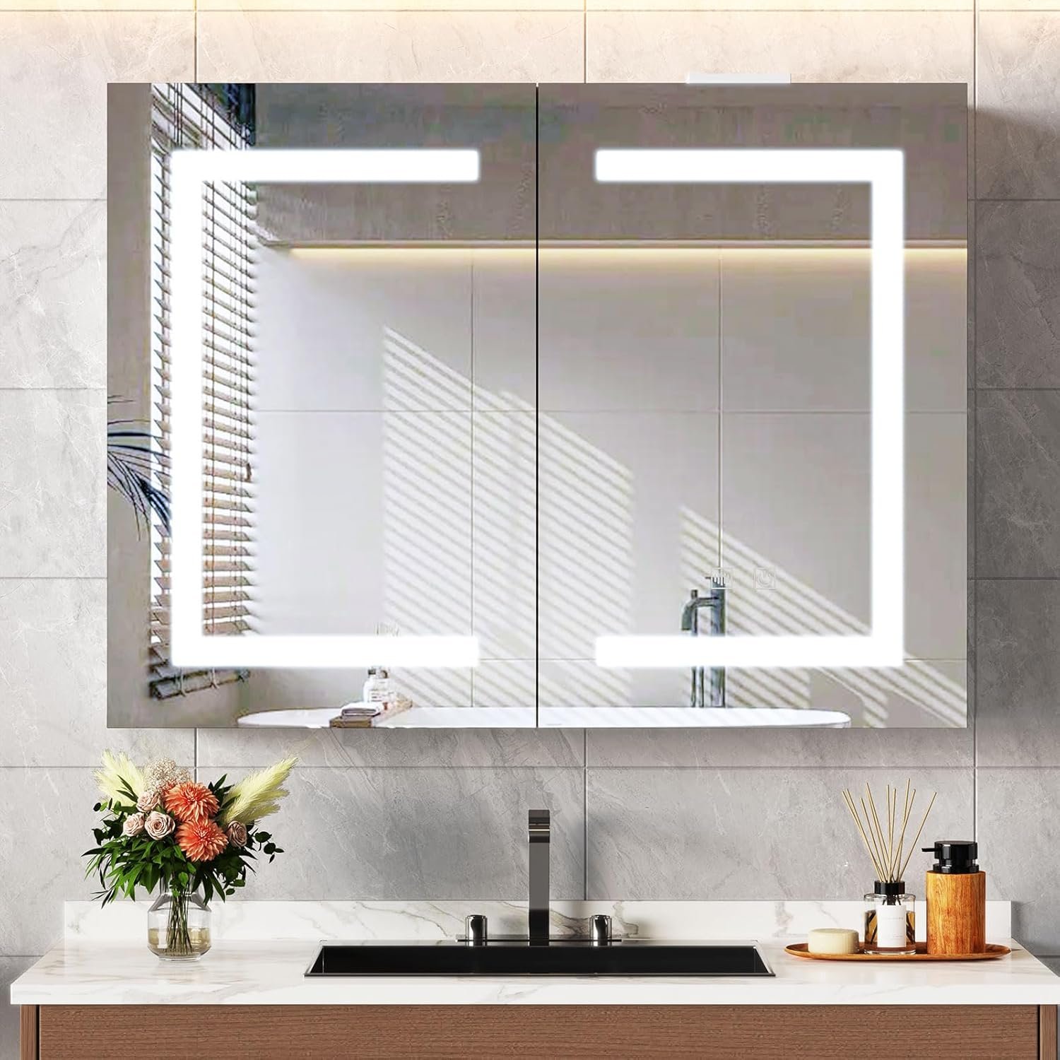 Snughome Bathroom Medicine Cabinet with Mirror and LED Lights, Wall Mount Bathroom Mirror with Storage, Anti-Fog, Built-in Power Outlets, Dimmable 3 Color Temp, Antirust Easy to Install, 31.5″ x 23.6″