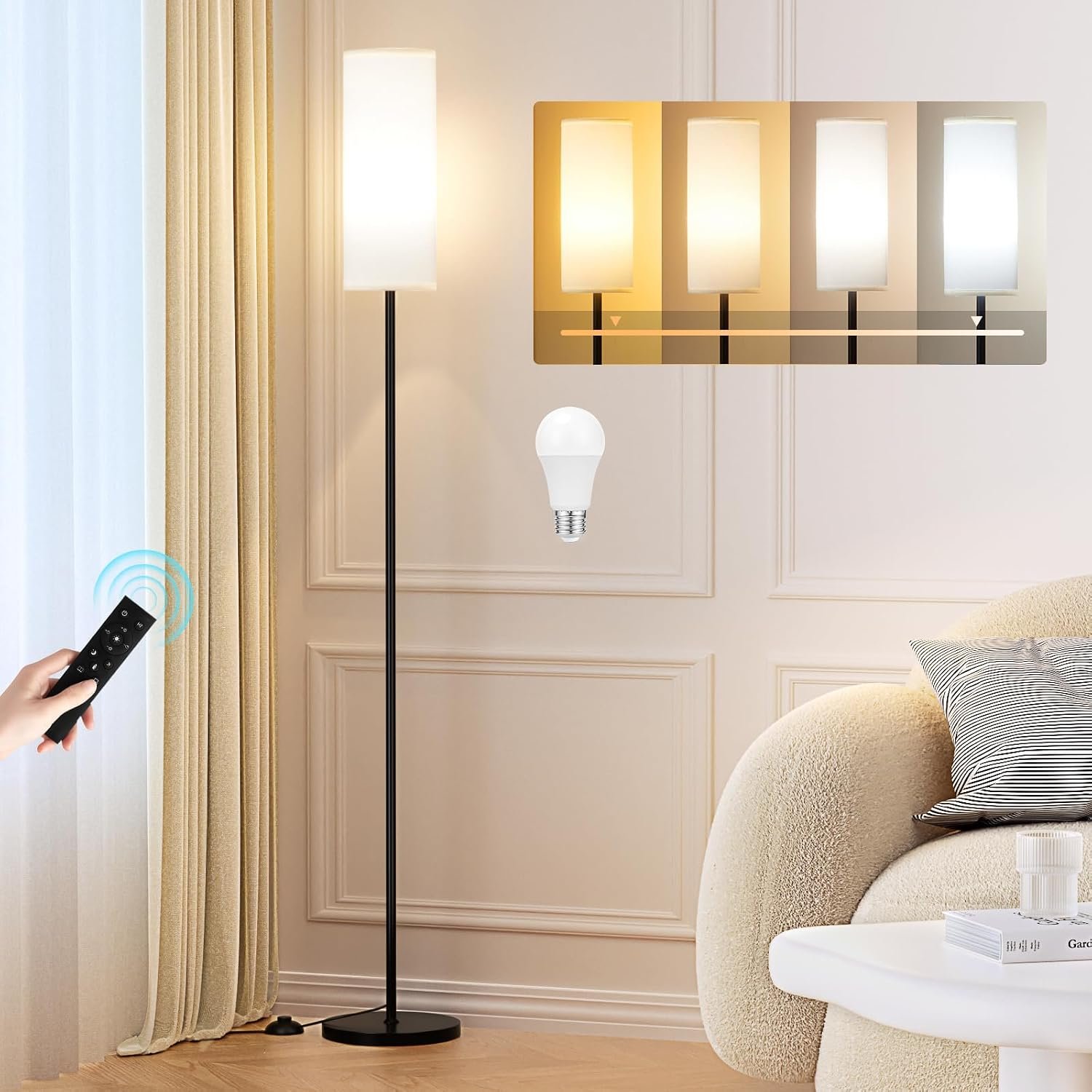 64″ Modern Floor Lamp with Remote Control, 9W Bulb Included | Floor Lamps for Living Room, Stepless Dimmable Colors Temperature & Brightness, Standing Lamps for Living Room Bedroom Office