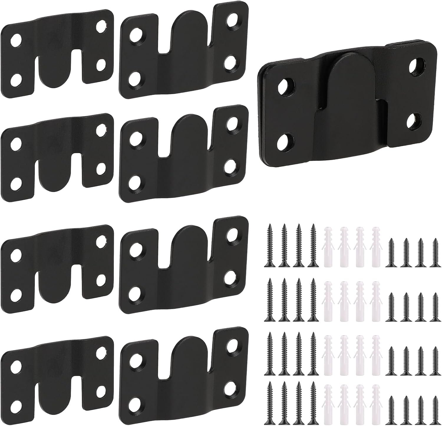 4 Pairs Interlocking Flush Mount Bracket Picture Hanging Hooks Black Stainless Steel Heavy Duty Photo Frame Hook Large Picture Hanger Buckle Furniture Connector Headboard Wall Mounting Hardware