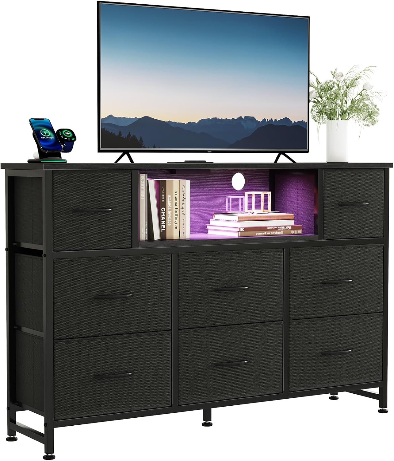 DUMOS LED TV Stand Dresser with Charging Station, Entertainment Center | Media Console for 45-55 inch TV, 8 Fabric Drawers, Open Shelf, Wooden Top, Living Room, Bedroom, Hallway, Black