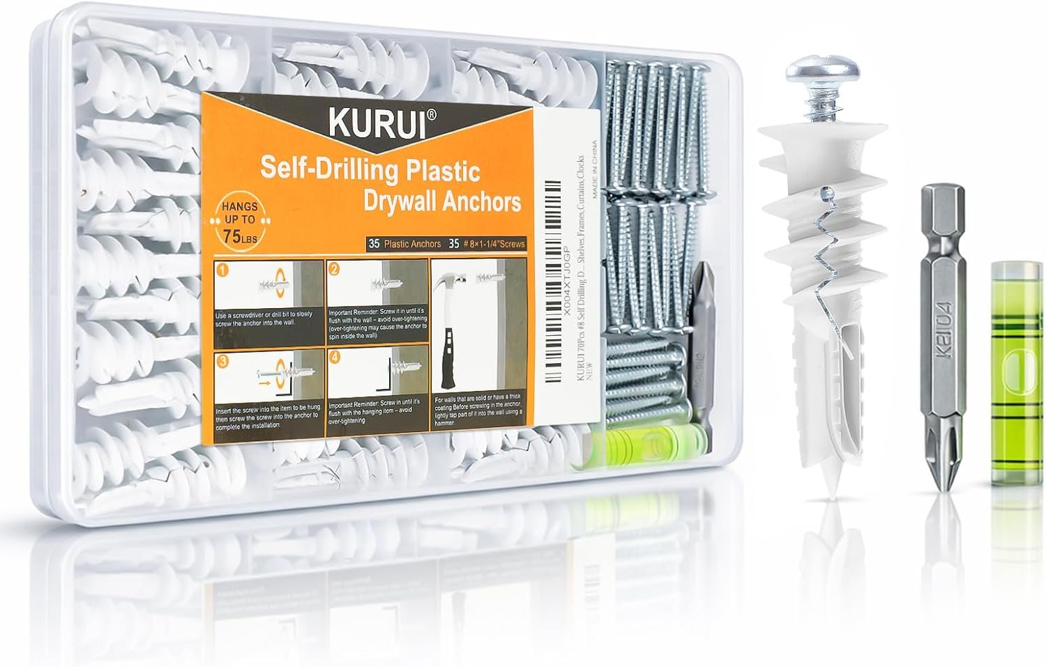 #8 Self Drilling Drywall Anchors and Screws, Heavy Duty Dry Wall Anchors Holds Upto 75LB, Picture Hanging Kit, No Pre-Drilling, for Mounting Shelves,Frames,Curtains,Clocks – 70Pcs