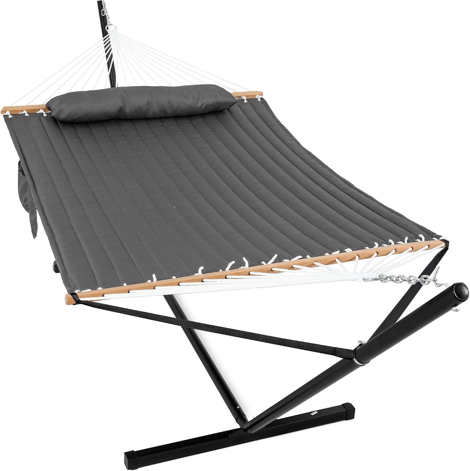 GAFETE 2 Person Hammock with Stand for Outside, Heavy Duty Steel Stand | 12 Ft, 475 lbs, Balance Ropes, Hardwood Spreader Bar, Large Removable Pillow, Convenient Side Pocket, Haze Gray
