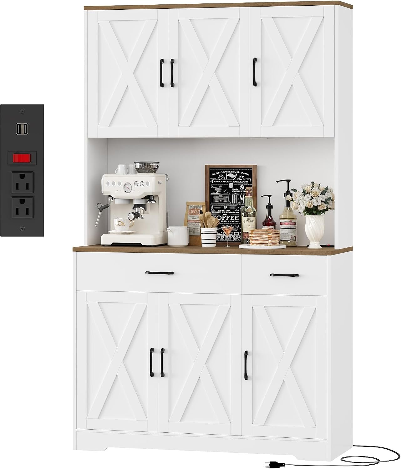 HOSTACK 71″H Kitchen Pantry Storage Cabinet, Farmhouse Hutch Cabinet, White | Space-Saving Pantry Cabinet with Charging Station & 2 Large Drawers & Adjustable Shelves, Tall Kitchen Hutch, Dining Room