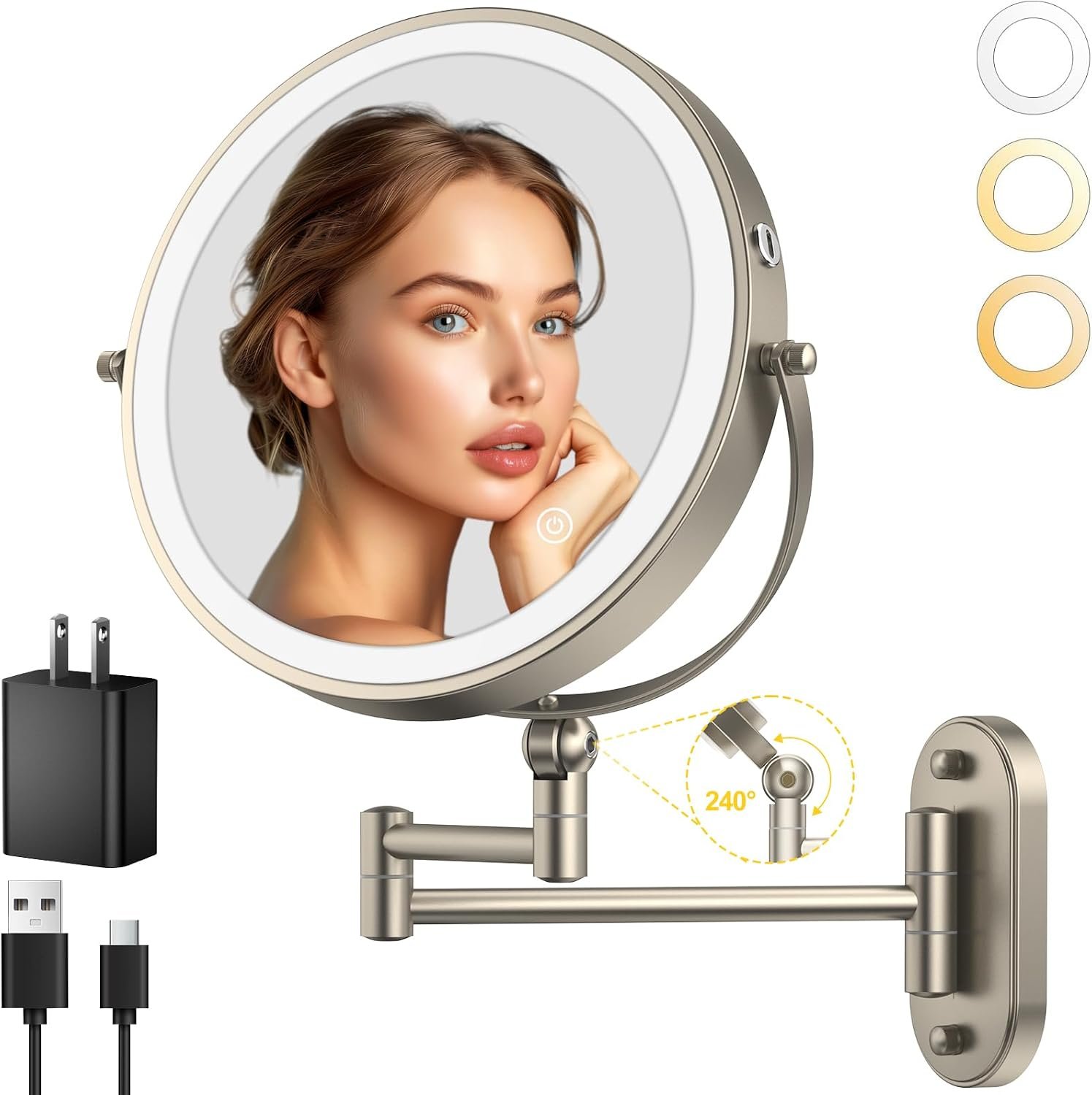 IMIKONA 9″ Wall Mounted Lighted Makeup Mirror,4000mAh Rechargeable Double Sided 1X/10X Magnifying Mirror with Light,3 Color Lights,Touch Dimmable,Extended Arm 360 Rotation Wall Mounted Makeup Mirror
