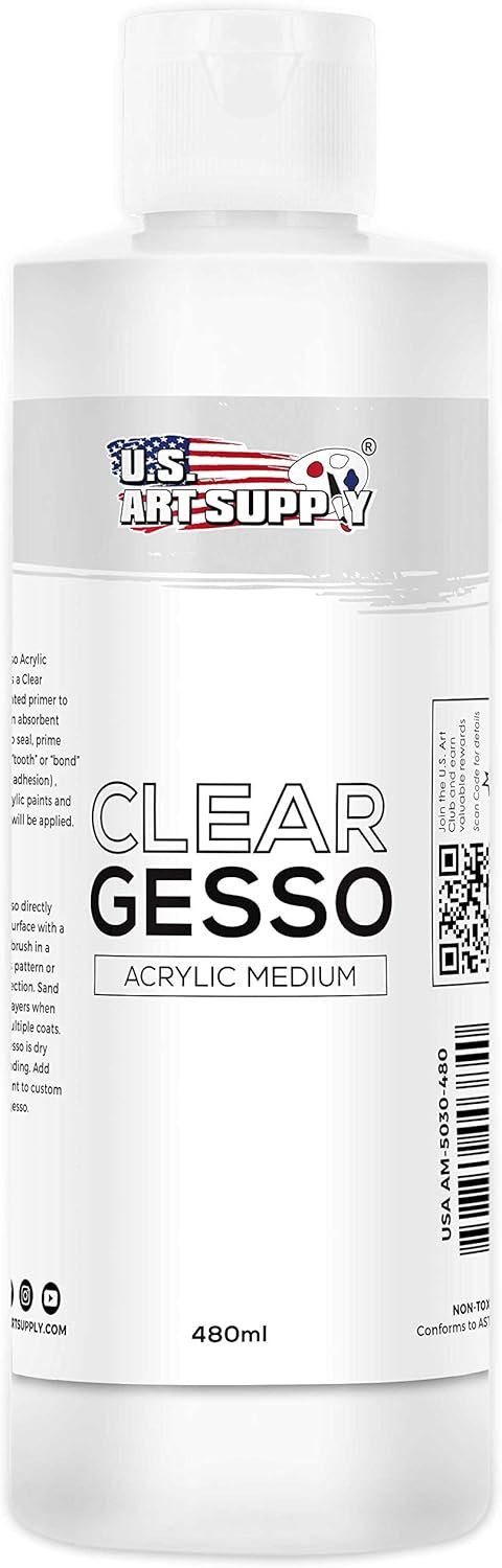 U.S. Art Supply Clear Gesso Primer (16oz) for Oil & Acrylic Painting – Enhances Blending & Canvas Paint Prep – Mixable Clear Gesso Primer for Acrylic Painting
