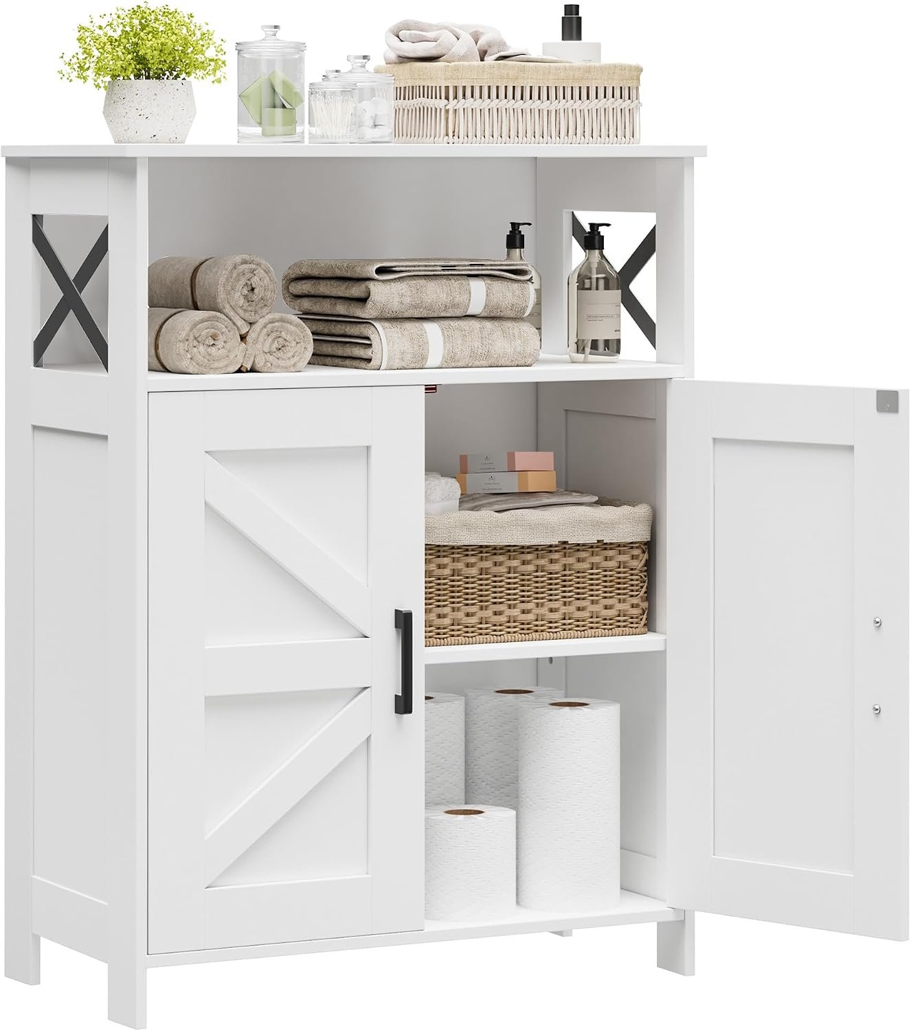 Homhedy Farmhouse Bathroom Storage Cabinet with Doors, Small Floor Cabinet | Toilet Paper Cabinet with Adjustable Shelf, Freestanding Storage Cabinet for Kitchen/Laundry/Living Room, 24″W, White