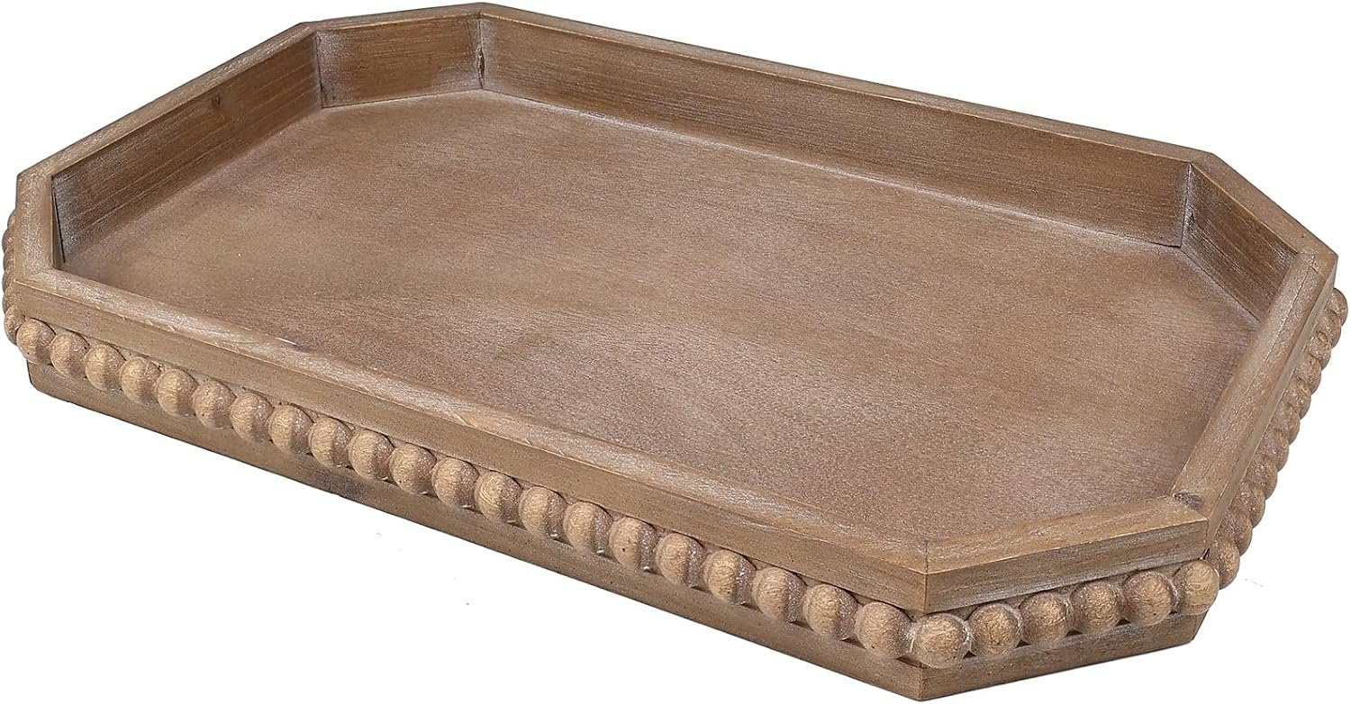 Hrastany Wood Rustic Serving Tray with Beads, Farmhouse Brown Decorative Tray for Table Centerpiece, Christmas Wedding Halloween Home Decor