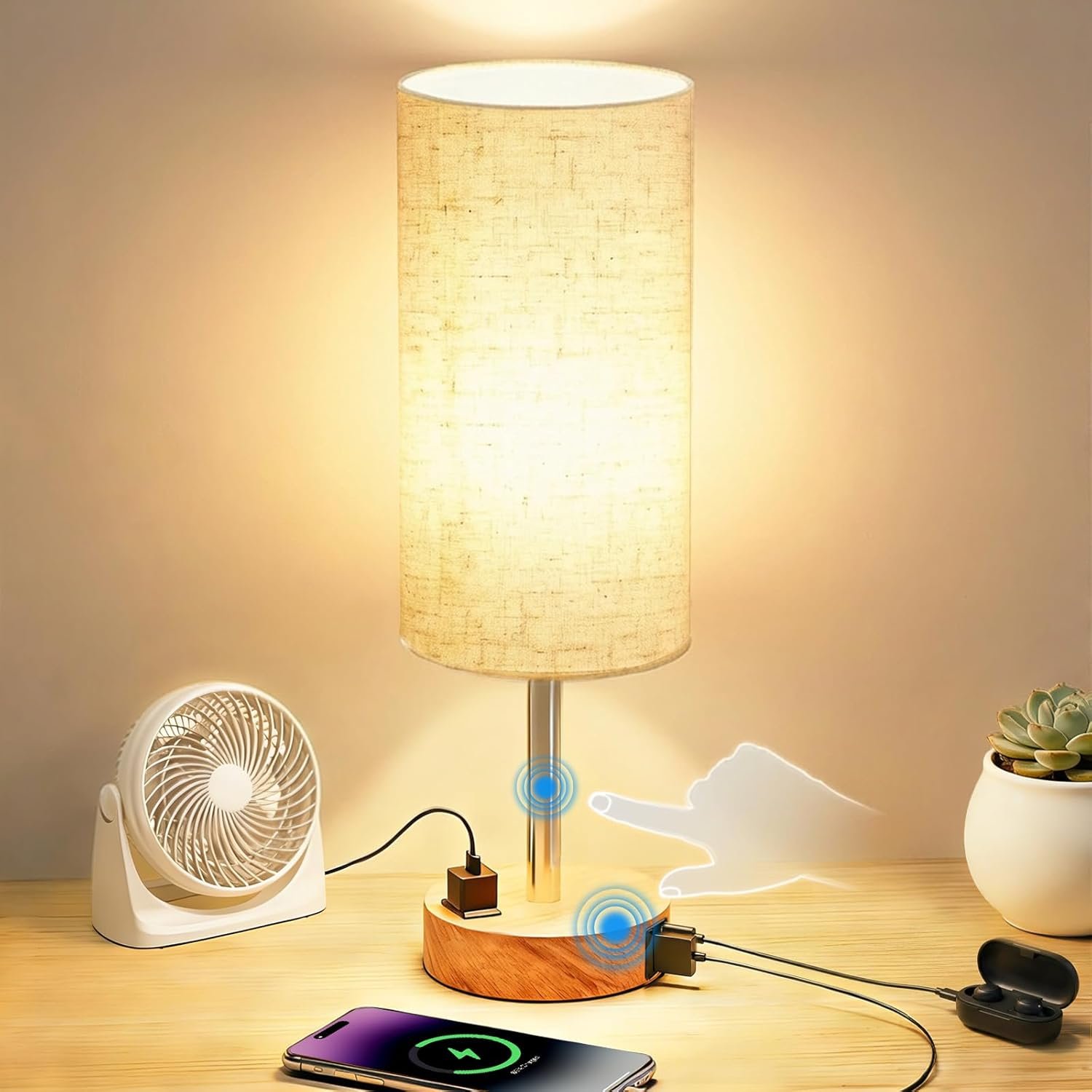 Table Lamp for Bedroom, High-Sensitivity Touch, AC Outlet, USB A+C | 3-Level Dimmable Bedside Lamp with Eye-Care LED Bulb, Ideal Nightstand Lamp for Bedroom, Reading, Living Room (Warm&Wooden)