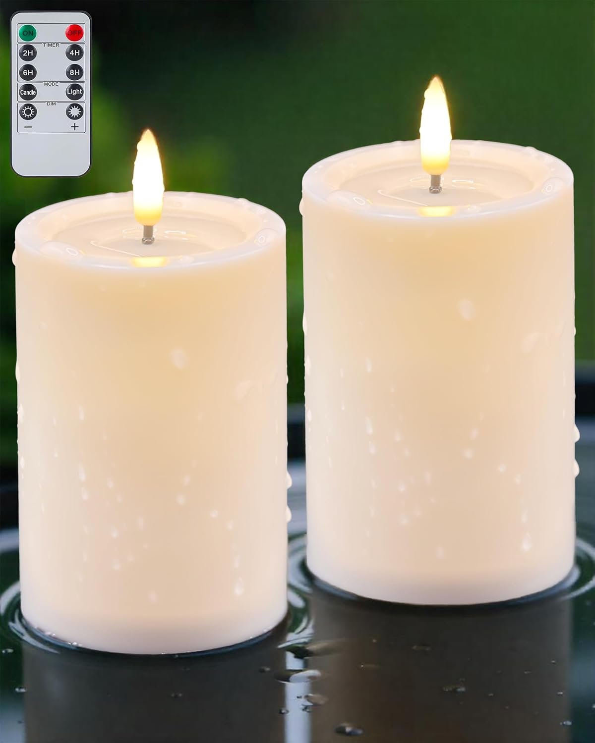 Gmnee 3″x4″ Outdoor Waterproof Flameless Candles with Remote Timers Pillar | 2 Pack Ivory Battery Operated Candles, LED Candles, Electric, Fake Candles for Patio, Porch, and Lanterns Decor (Plastic)