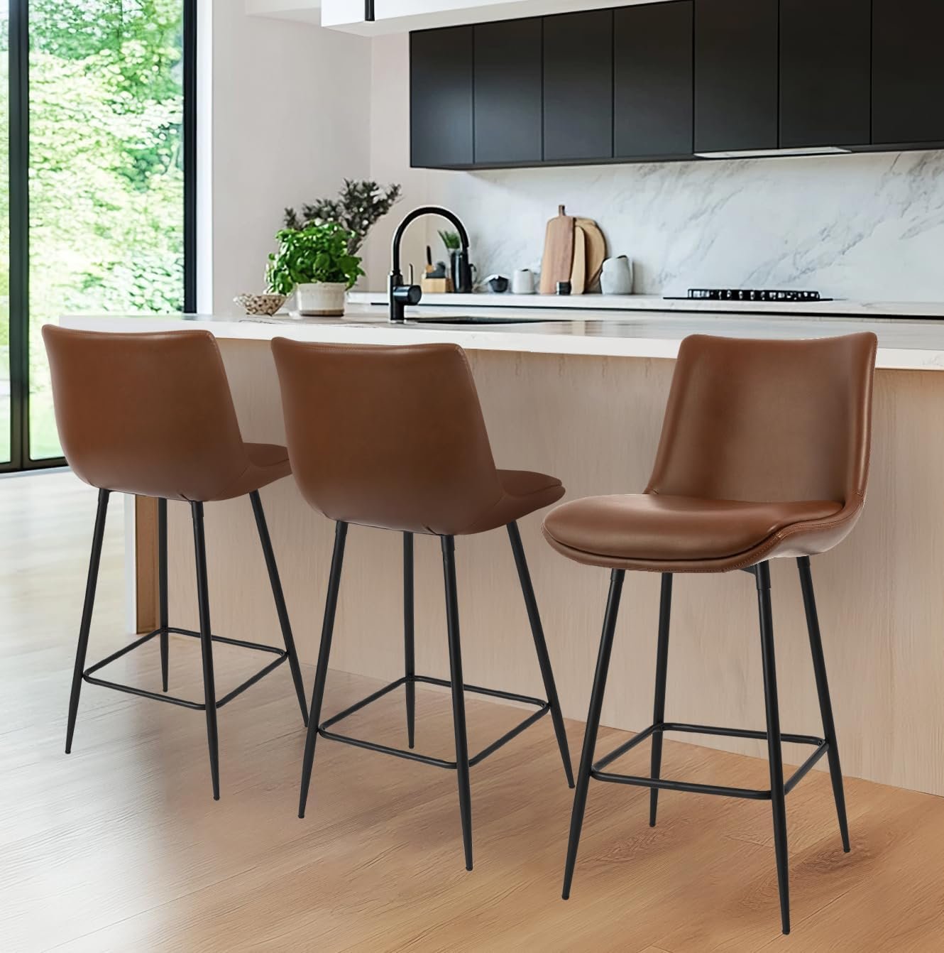 Counter Height Bar Stools Set of 3, FSC Certified Upholstered Faux Leather Barstools with Back, Metal Base, 27″ Seat Height, Modern Upholstered Counter Stools for Kitchen Island,(Walnut Brown