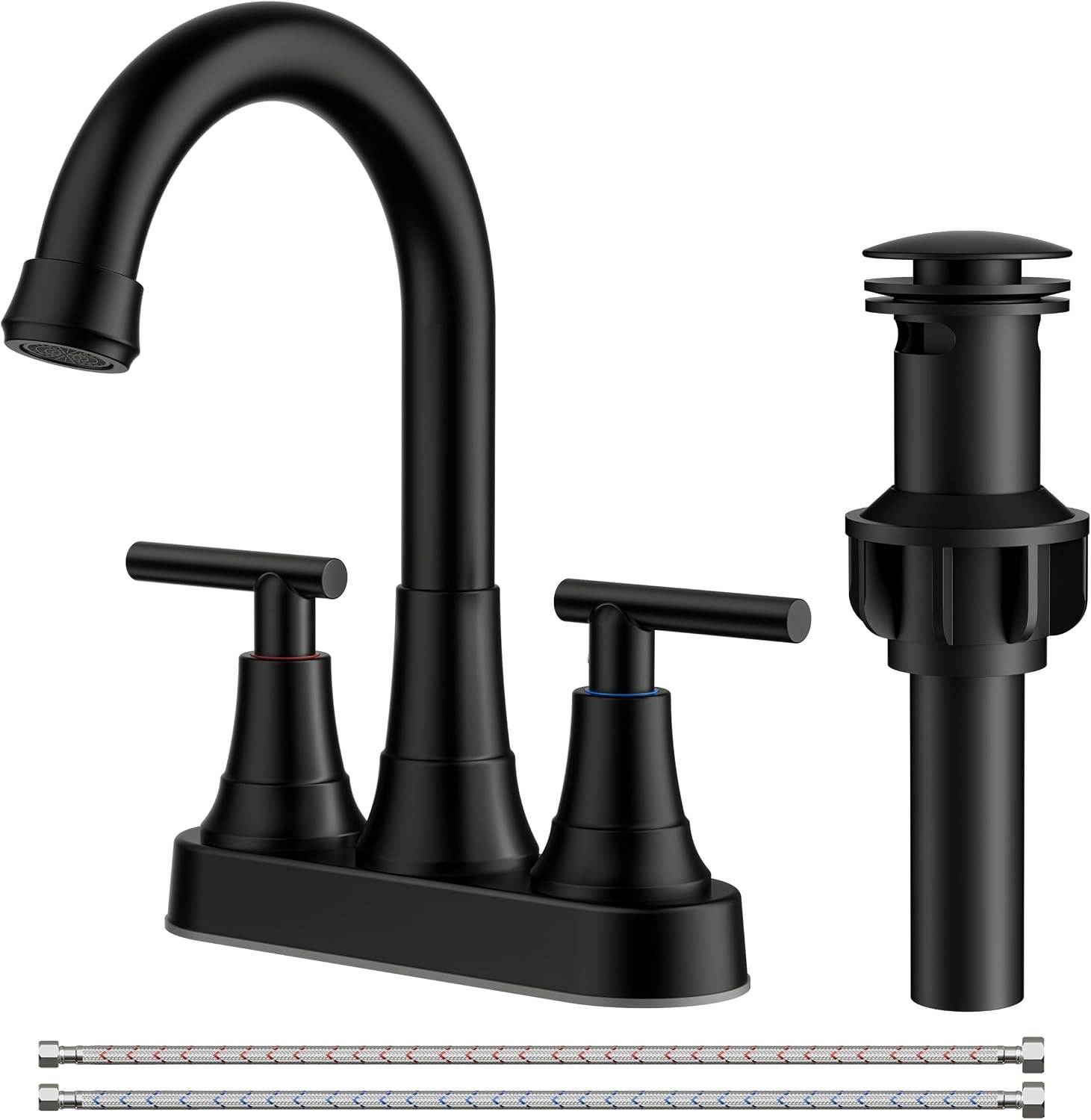 FORIOUS Matte Black Bathroom Faucets, 4 Inch Centerset Bathroom Sink Faucet | Rv Black Faucet for Bathroom Sink 2 or 3 Hole, Two Handle Vanity Faucet Centerset with Drain, Hose, 360° Spout for Restroom