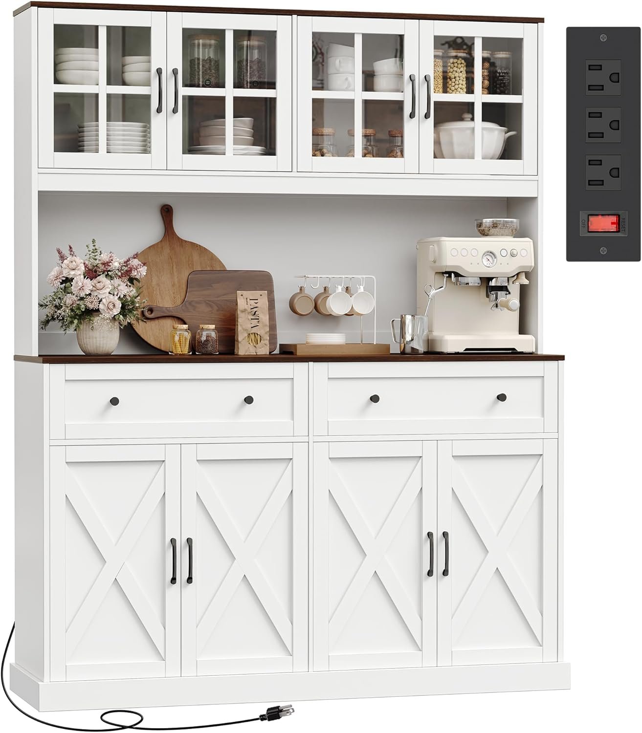 71”H x 55.1”W Pantry Cabinet with Charging Station, 4 Wide Cabinets Kitchen Pantry with 2 Drawers, Farmhouse Hutch Storage Cabinet, Tall Coffee Bar, Acrylic Door, Adjustable Shelves, White