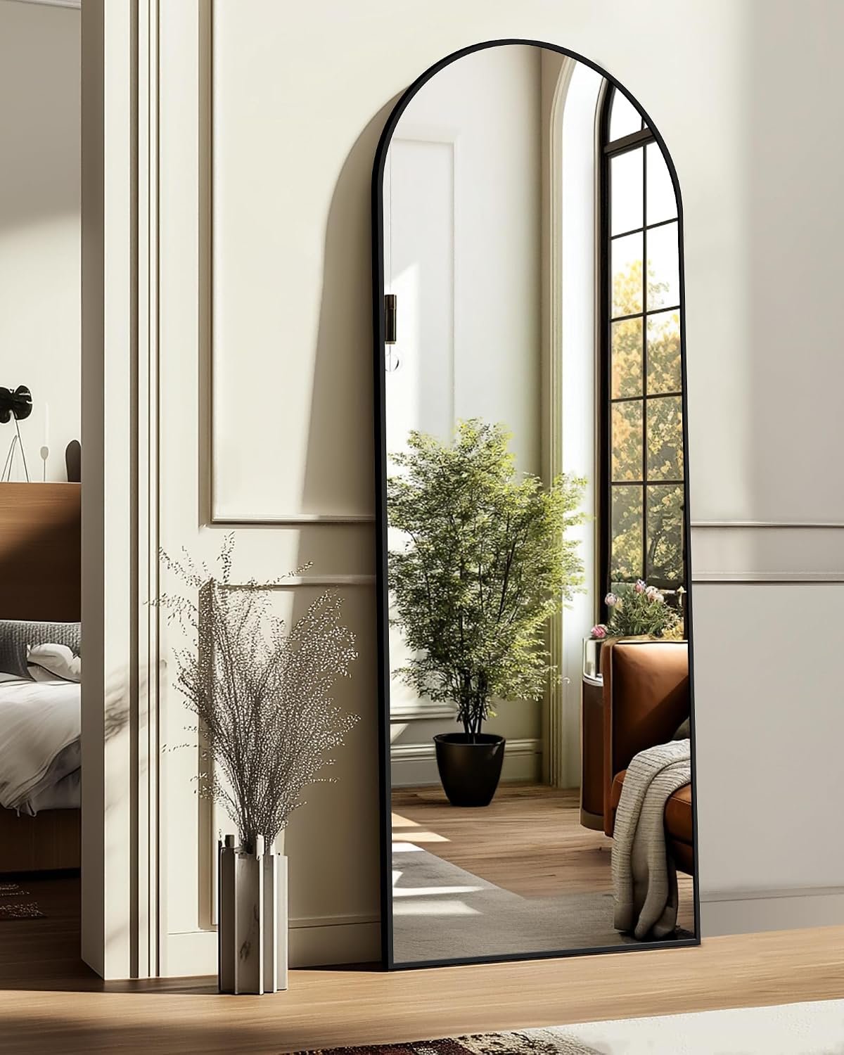 Arched Full Length Mirror, 56″x15″ Standing Body Mirror for Wall, Black | Built-in Stand, HD Shatterproof Glass, Aluminum Alloy Frame, Hanging or Standing, for Bedroom, Living Room & Dressing Room