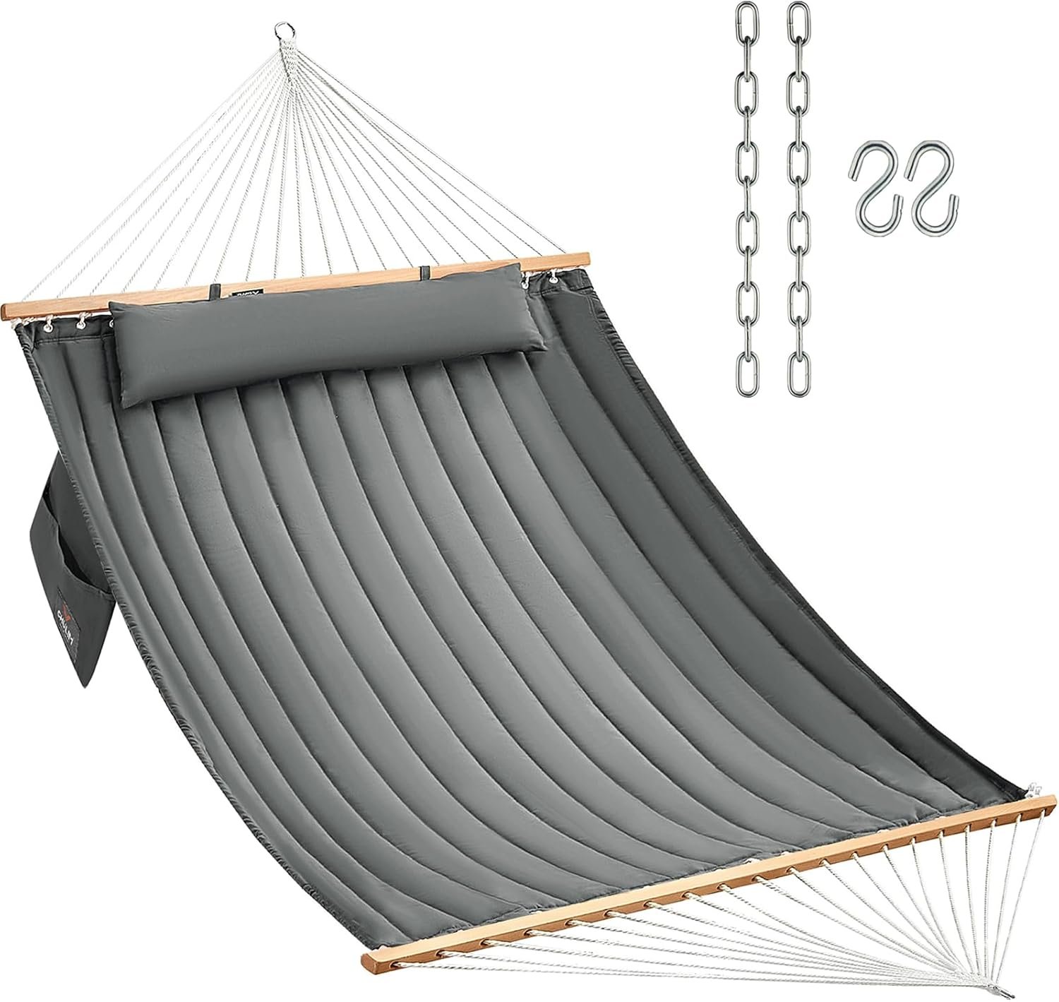 CHULIM Double Quilted Fabric Hammock with Hardwood Spreader Bars and Pillow 450 LBS Capacity 2 Person Large Hammock for Outdoor Patio Backyard Poolside – Dark Grey