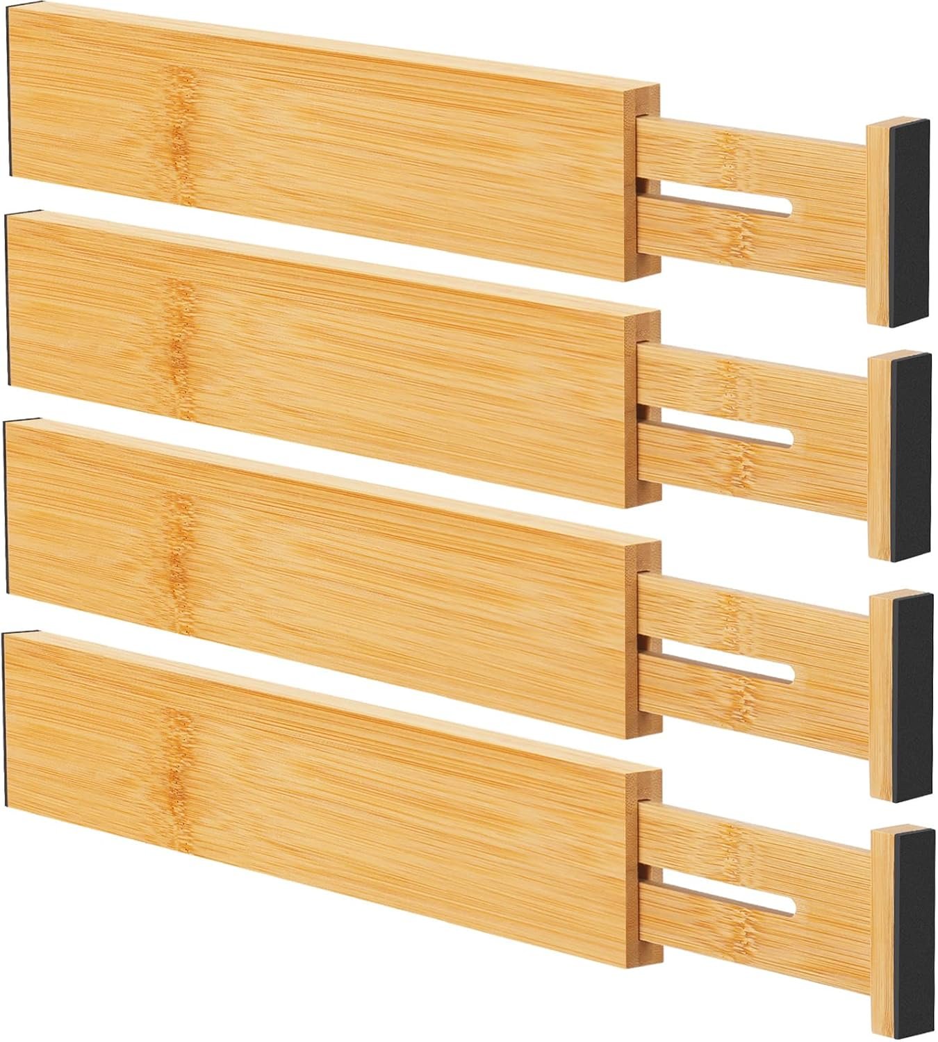 Bamboo Drawer Dividers, Adjustable Drawer Organizers, Fits 12.6–16″ Drawers | 2.5″ High, 4 Pack Expandable Drawer Separators for Kitchen, Nursery, Dressers & Office Storage, Natural