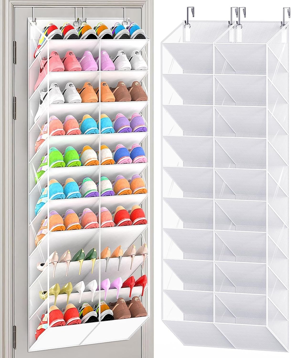20-30 Pairs Over the Door Shoe Organizer, Clear Pockets Hanging Shoe Storage for Closet, 10-Tier Door Shoes Rack, Handing Shoes Holder Fit All the Family’s Sneakers, Boots, Heels, White
