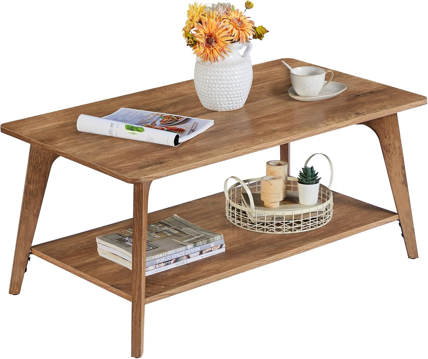 VASAGLE MAEZO Collection – Coffee Table, 2-Tier Center Table with Storage, Tapered Legs, Curved Transitions, 21.7 x 39.4 x 17.7 Inches, Easy to Assemble, for Living Room, Honey Brown ULCT249K01