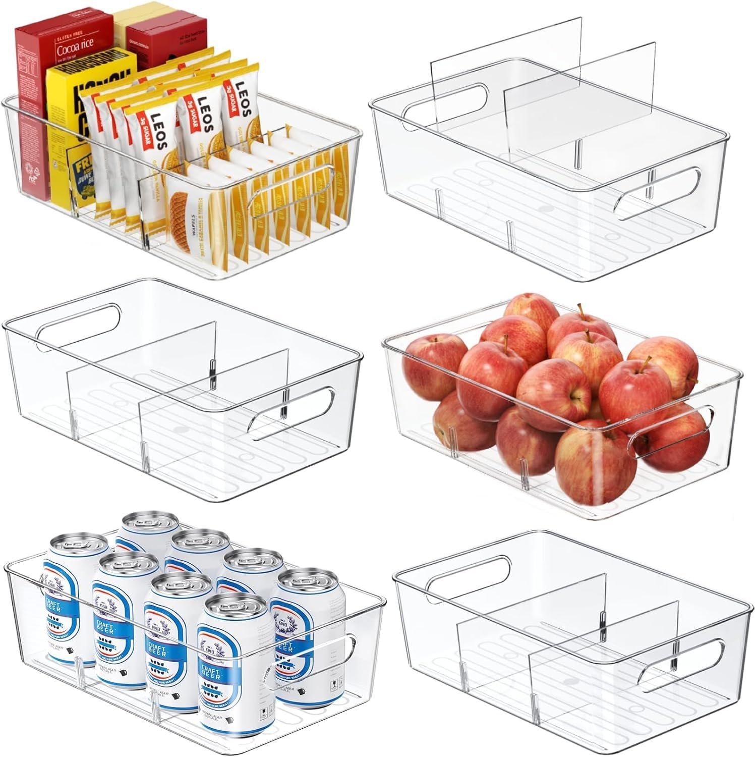 Mpotmiy 6-Pack Pantry Organizers and Storage, Clear Fridge Organizer Bins | Clear stackable plastic bins with removable dividers for packets, snacks, pouches and spices in pantry, fridge or freezer.