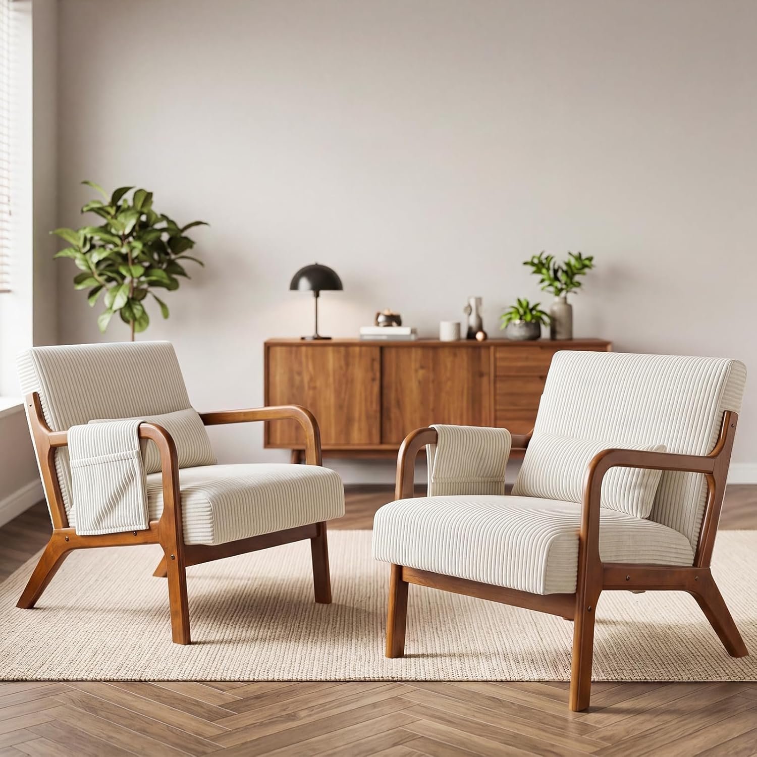 DUMOS Accent Chairs Set of 2, 17” Seat Height Armchair with Side Pocket | Upholstered Small Side Chair with Lumbar Pillow and Wood Frame for Living Room, Bedroom, Reading Nook, Easy Assembly, Beige