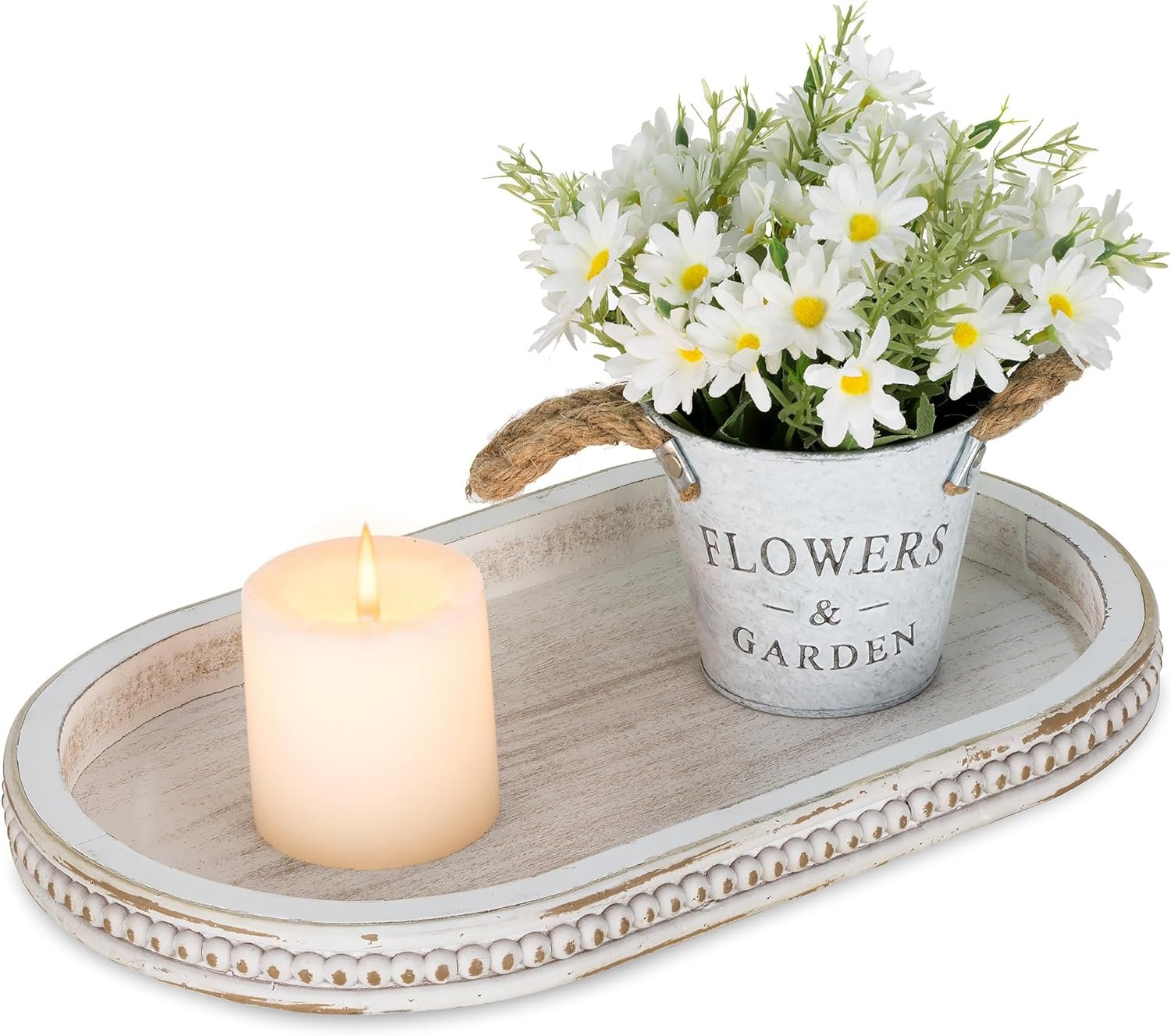 Hanobe 15″ White Oval Decorative Trays for Coffee Table Decor, Beaded Edge | Shabby Chic Finish, Wood Farmhouse Table Centerpiece for Candle Plate, Kitchen Dining Living Room
