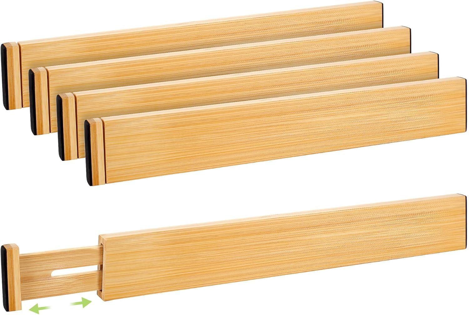 Fyvva Drawer Organizer, Spring-Loaded Expandable Bamboo Dividers 4-Pack | Large Kitchen Drawer Organizer, Adjustable 16.9 to 22.2 in, 2.3in High Non Slip for Kitchen Clothes Bathroom Office Natural